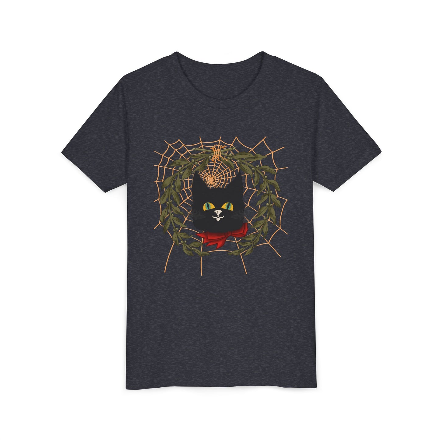 Youth Tee — Black Cat Wreath Holiday Shirt