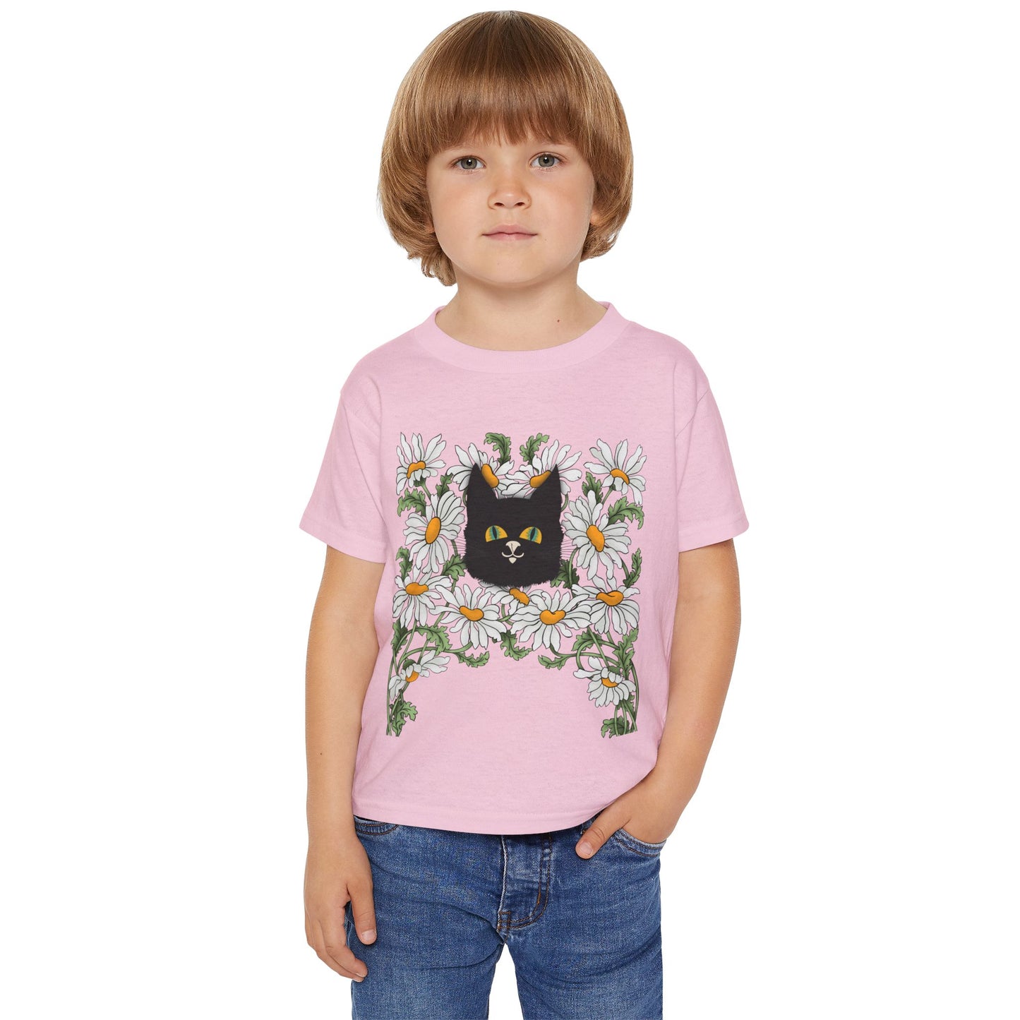 Toddler T-Shirt — Black Cat in Daisies | Cute Floral Kitty Tee for Kids