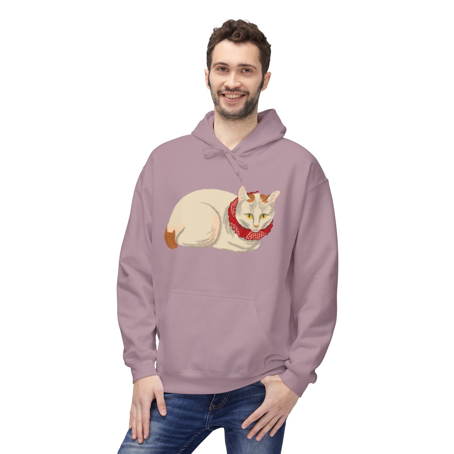 Cozy Red-Scarf Cat Hoodie — Cute Cream Cat Graphic Pullover