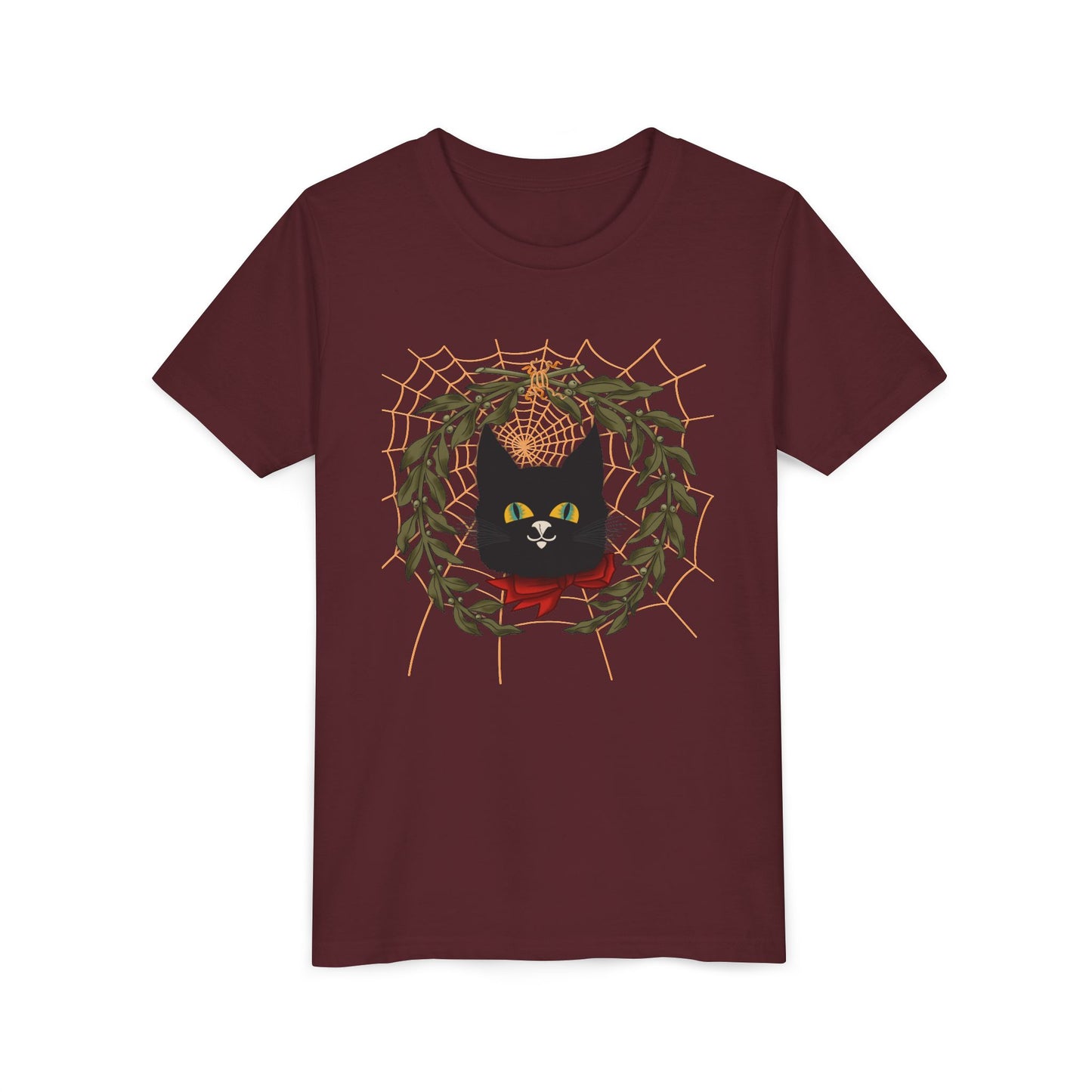 Youth Tee — Black Cat Wreath Holiday Shirt