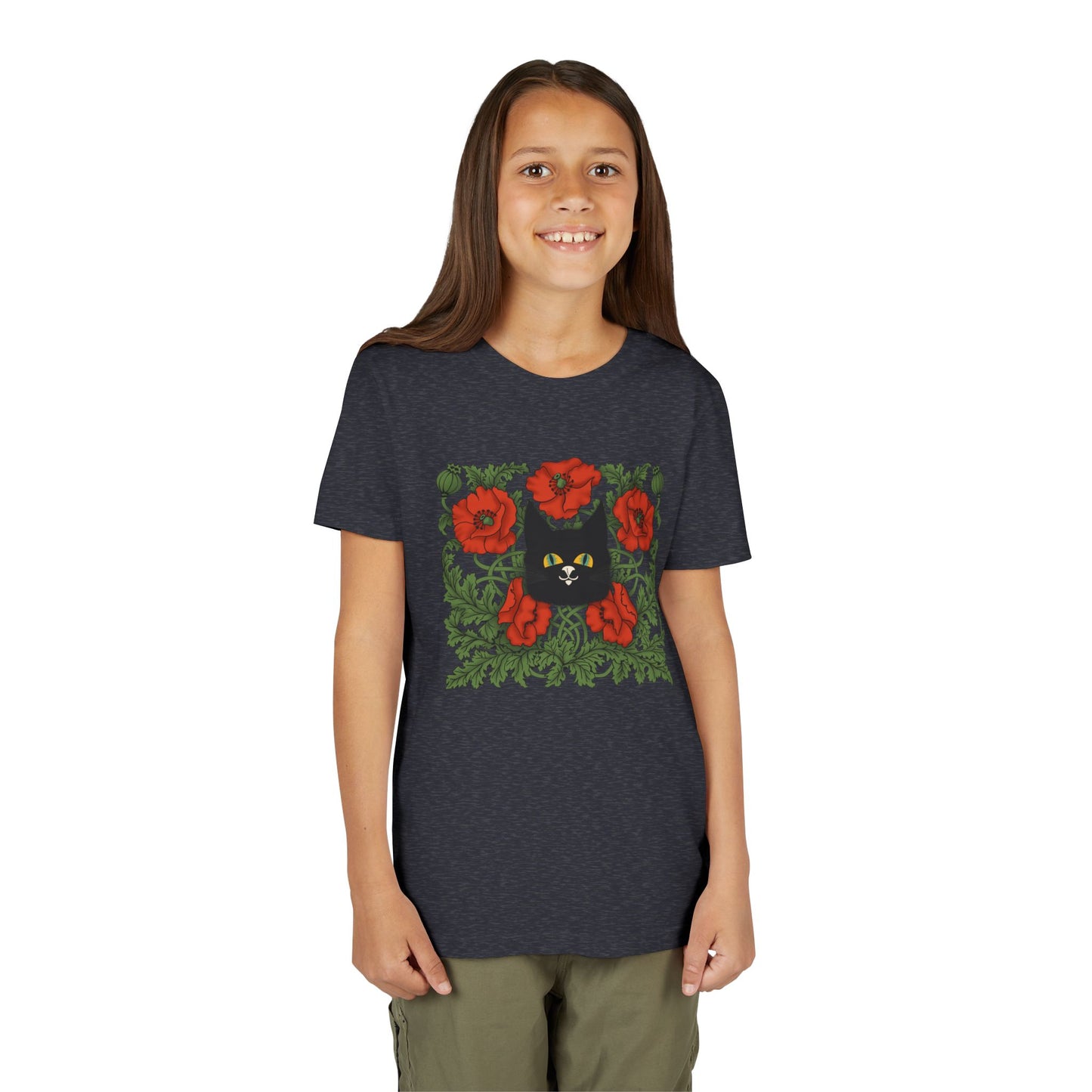 Black Cat Poppies Floral Youth Tee — Black Cat with Red Poppies Kids Shirt