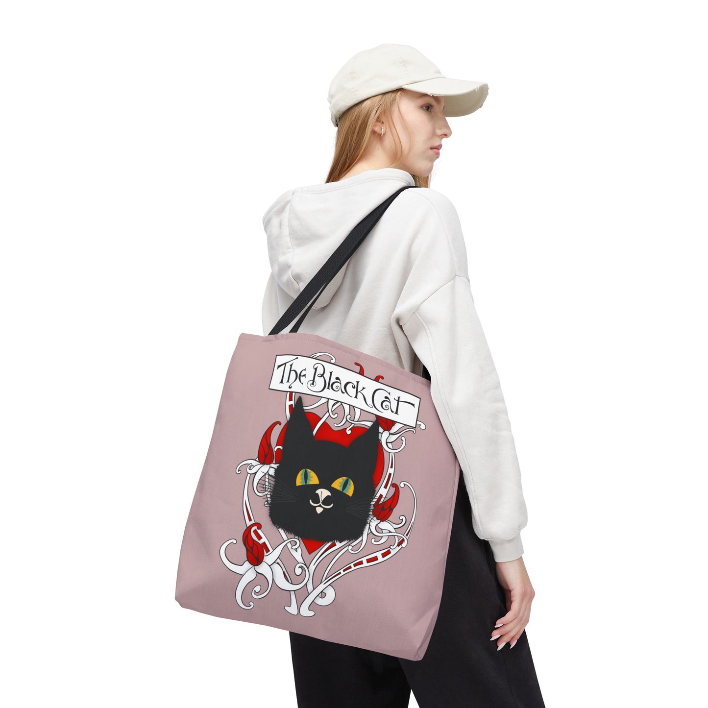 Black Cat Heart Tote Bag — 'The Black Cat' Gothic Vintage Cat Illustration Beach & Market Bag