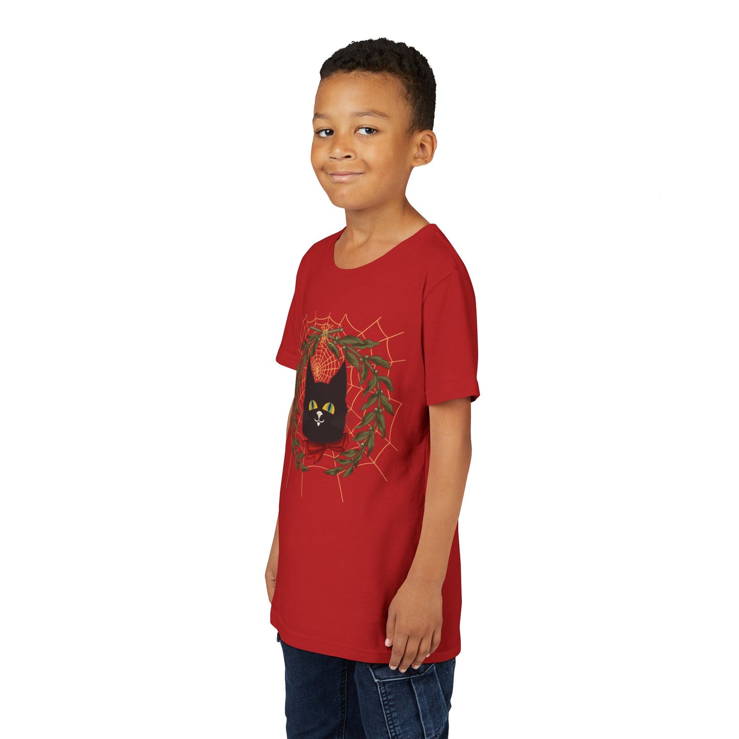 Youth Tee — Black Cat Wreath Holiday Shirt