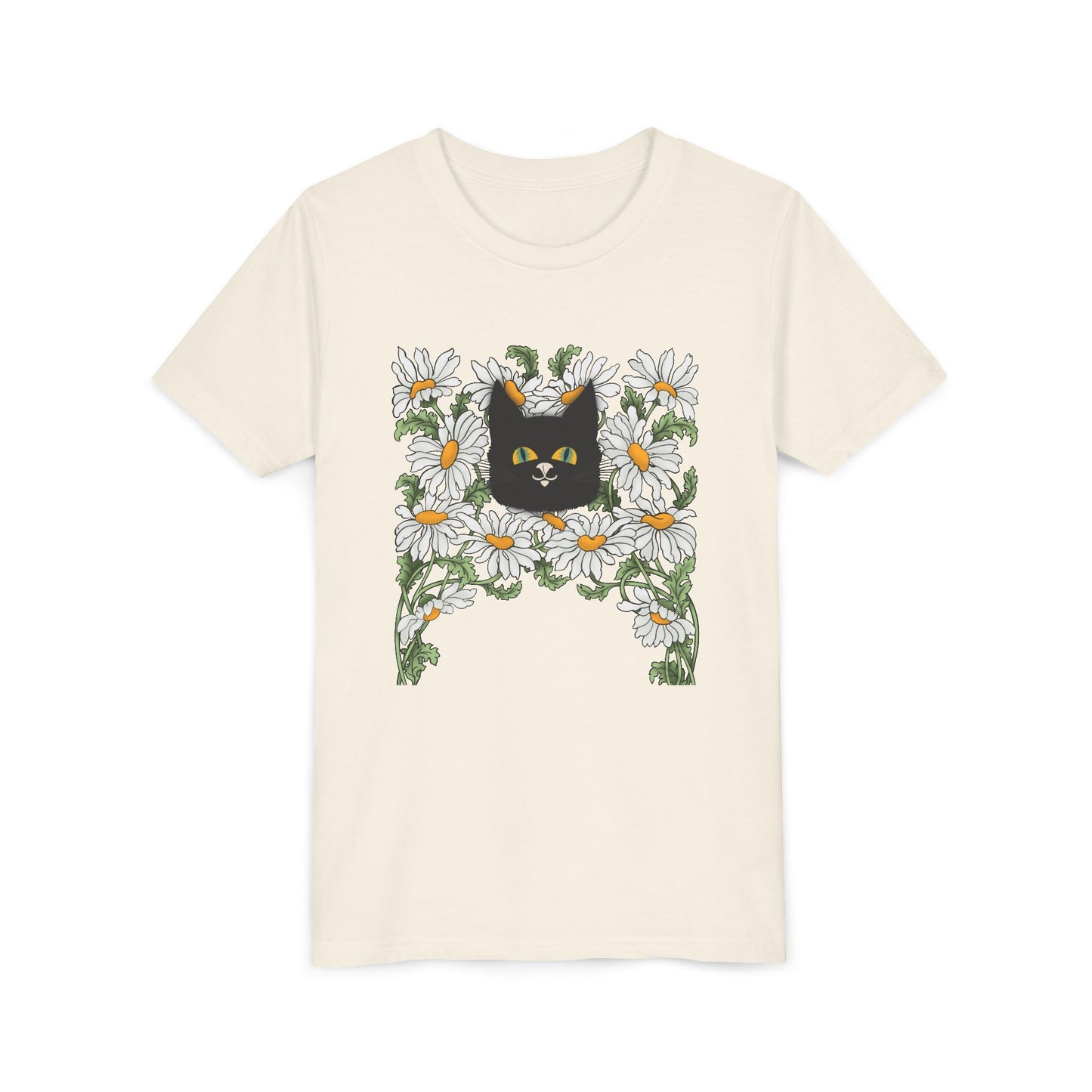 Daisies floral Youth Tee — Black Cat in Daisy Wreath Graphic