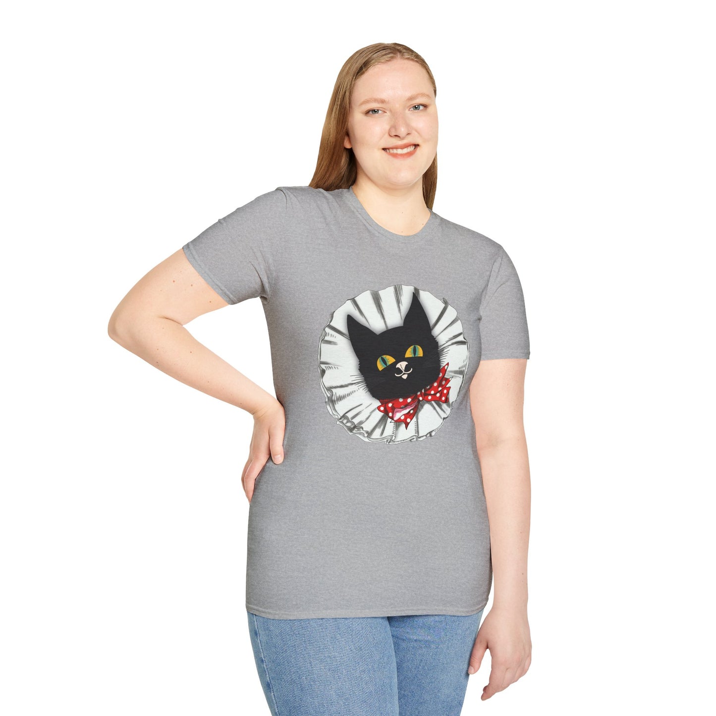 Black Cat Clown Portrait T‑Shirt — Cute Cat Face with Red Bow Graphic Tee