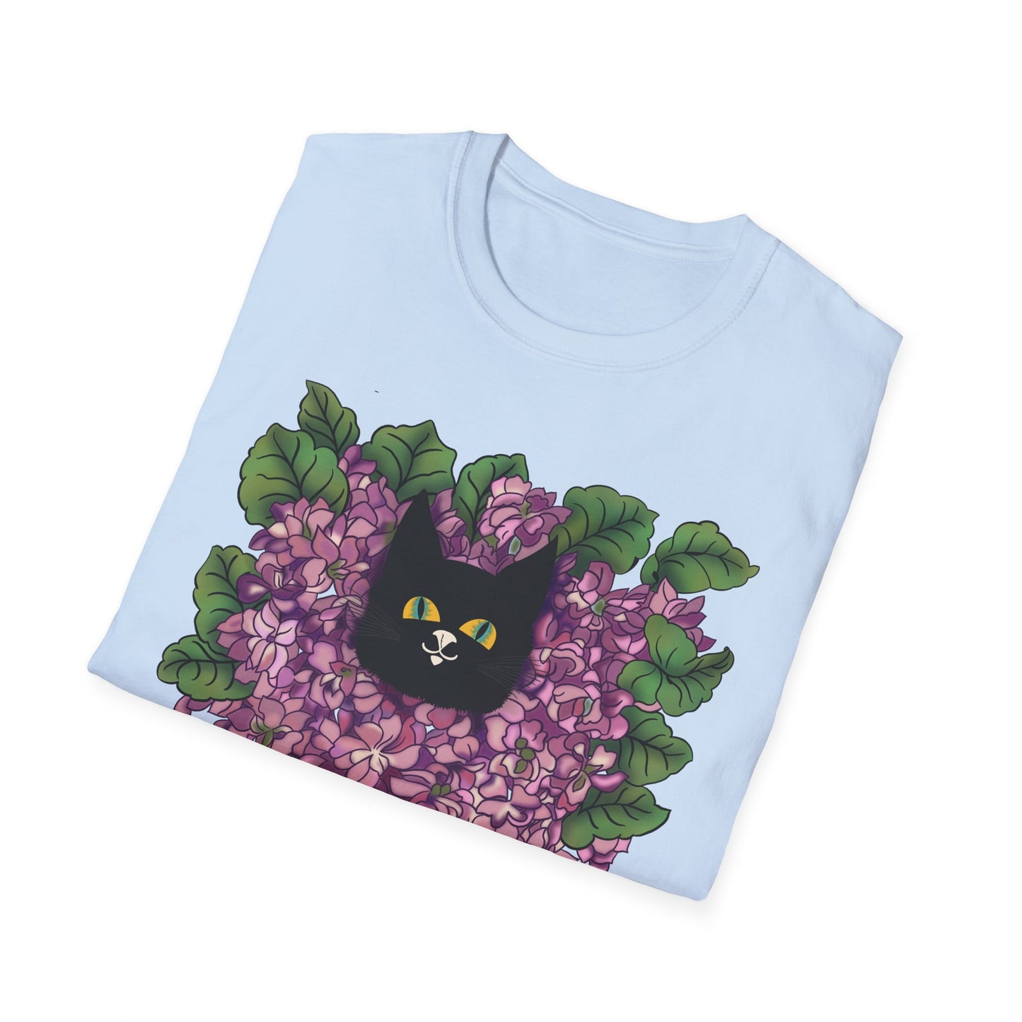 Lilac Cat T-Shirt — Black Cat Nestled in Lilac Flowers
