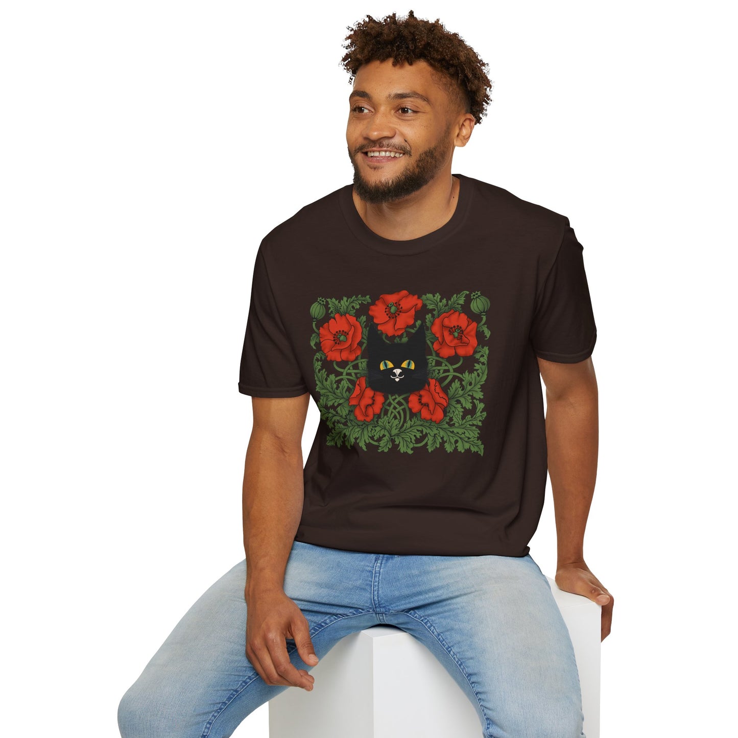 Black Cat & Red Poppies T-Shirt