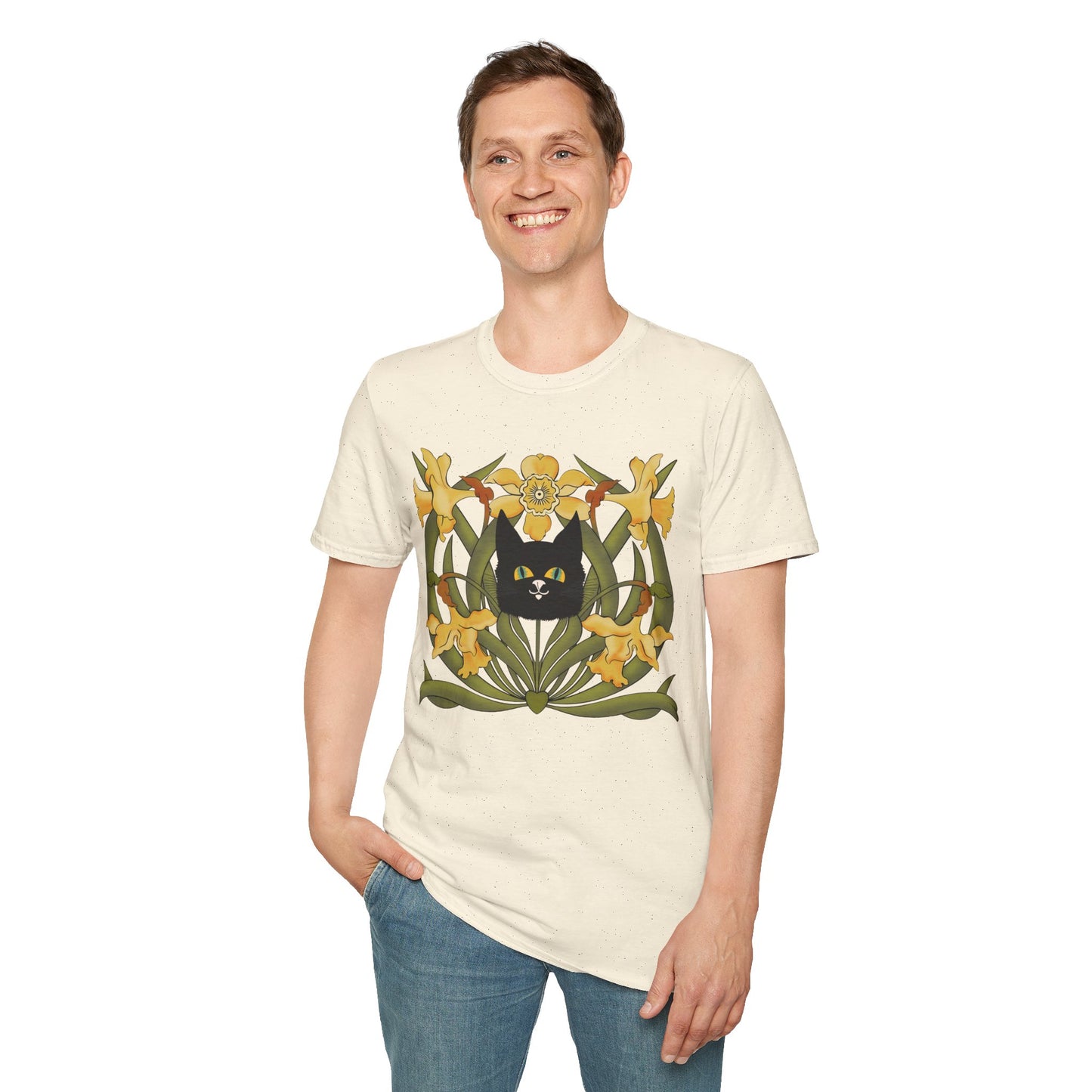 Daffodil Black Cat T‑Shirt — Retro Floral Cat Tee