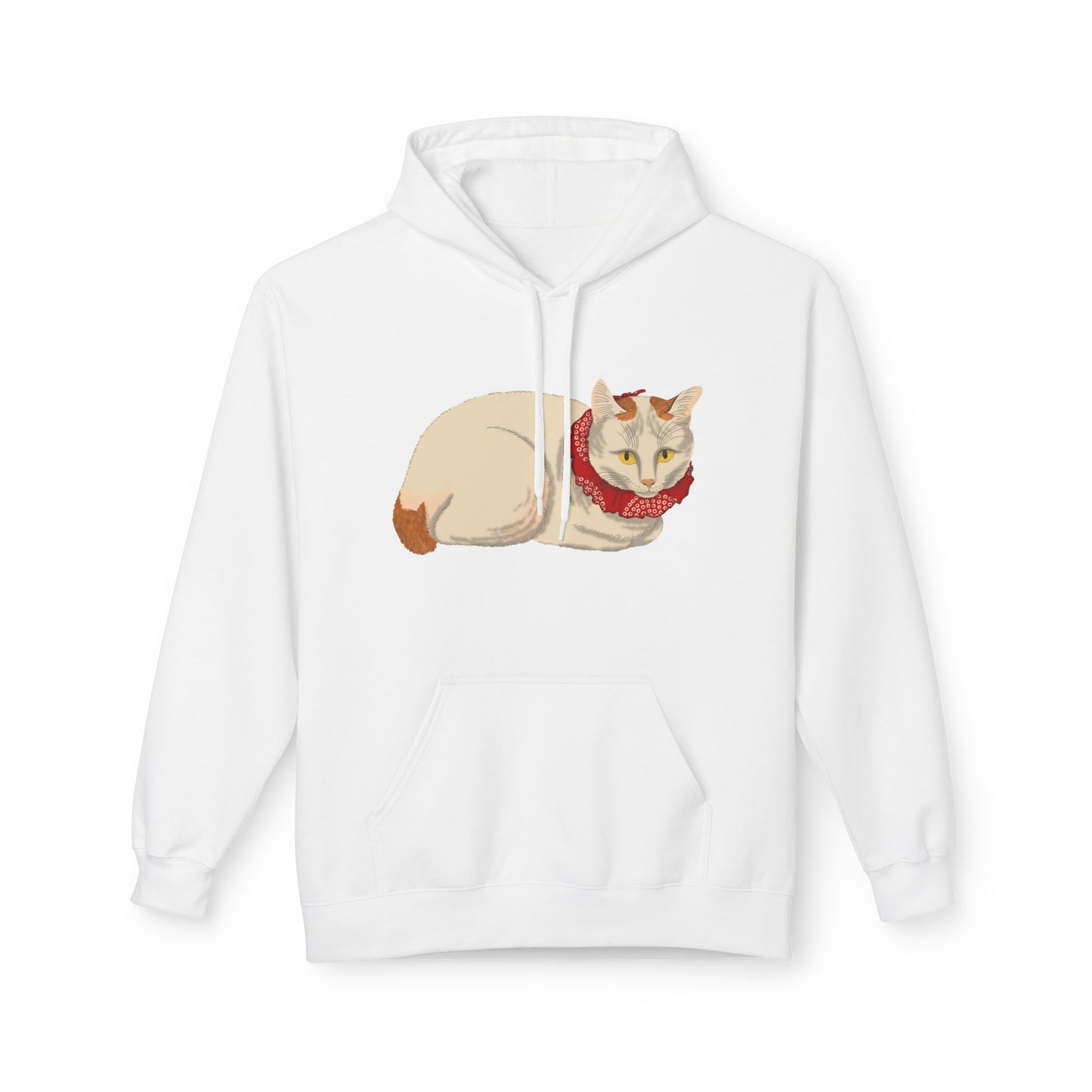 Cozy Red-Scarf Cat Hoodie — Cute Cream Cat Graphic Pullover