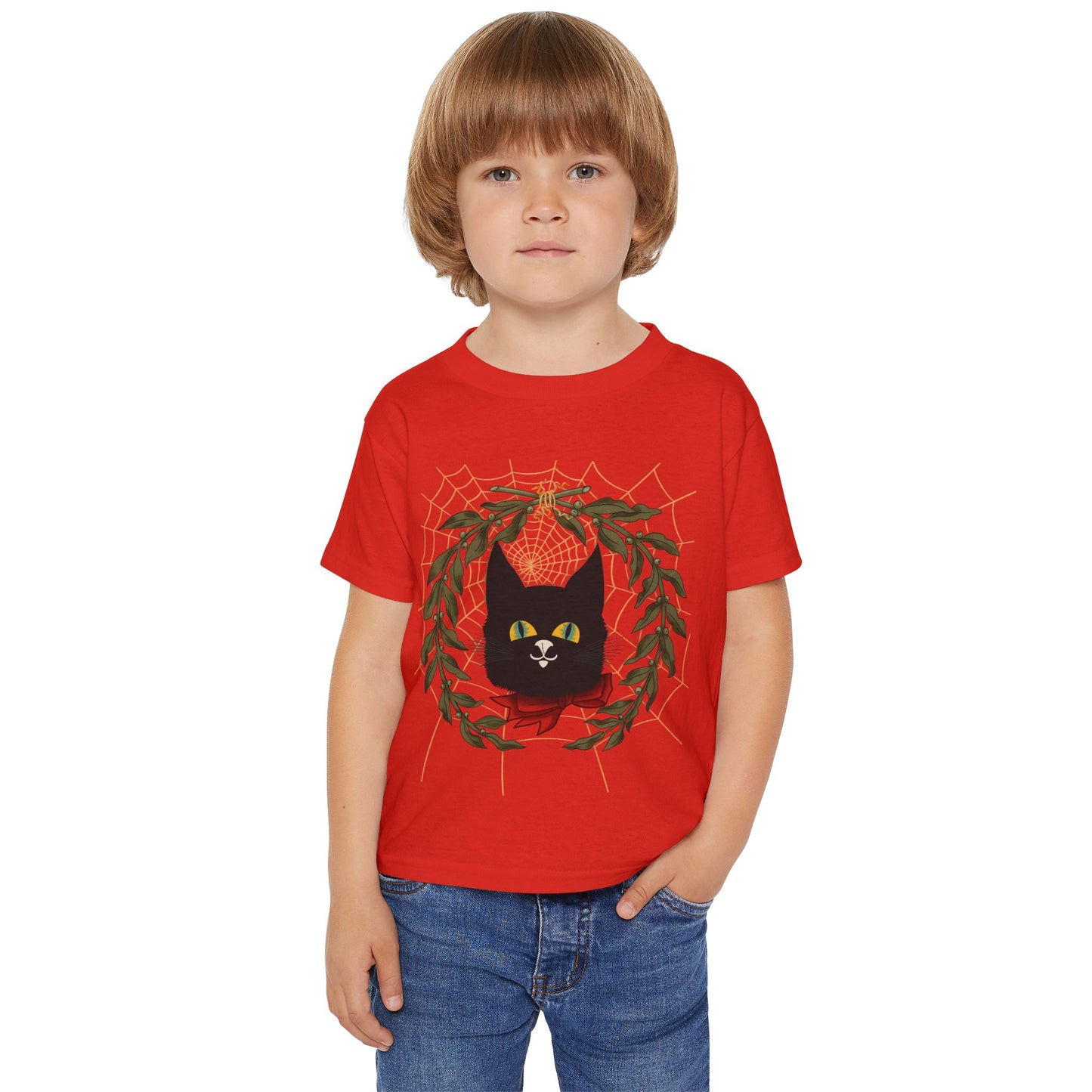 Toddler T‑Shirt — Black Cat Wreath with Web Tee (Cute Halloween)