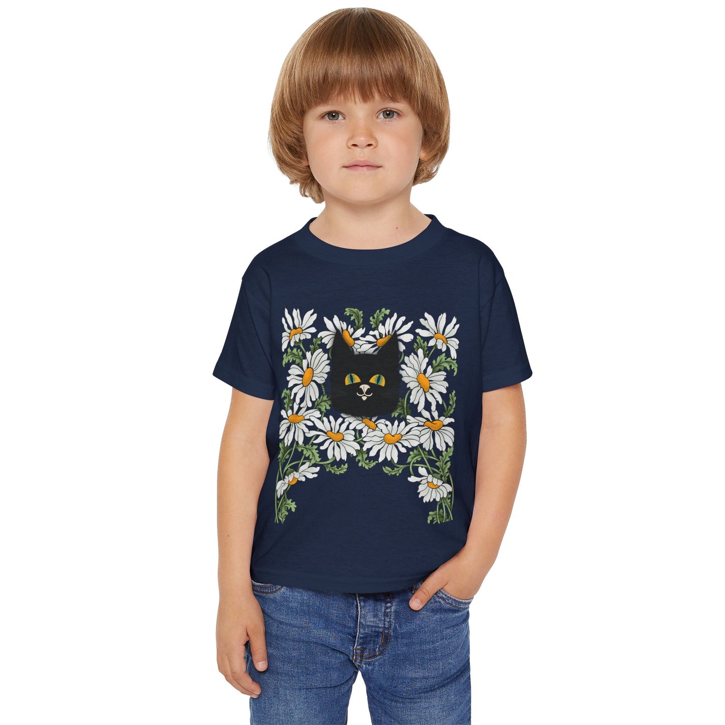 Toddler T-Shirt — Black Cat in Daisies | Cute Floral Kitty Tee for Kids