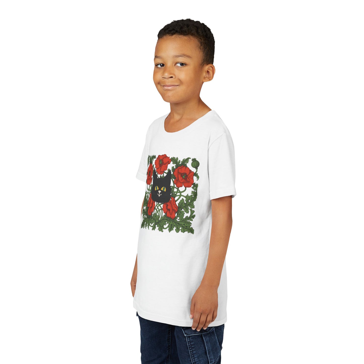 Black Cat Poppies Floral Youth Tee — Black Cat with Red Poppies Kids Shirt