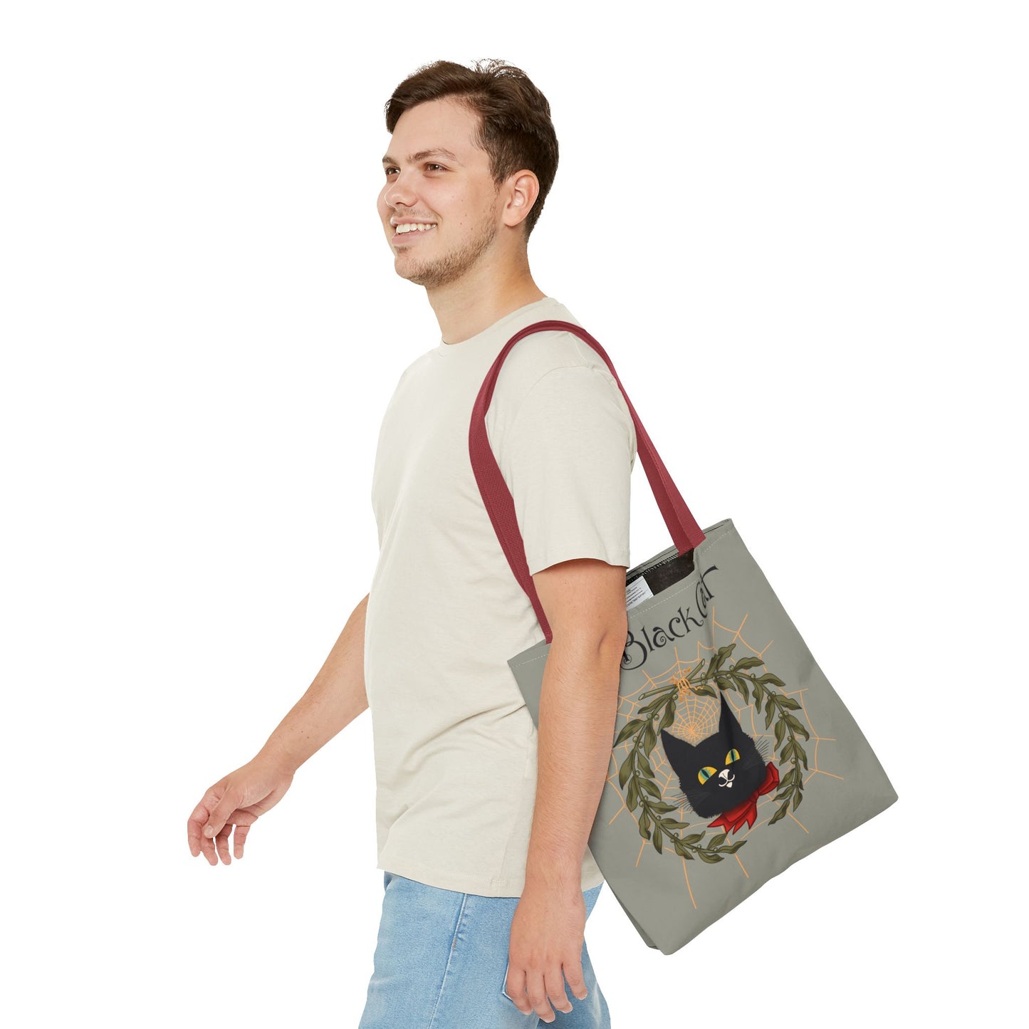 The Black Cat Web Tote Bag — Vintage Witchy Cat Holiday Grocery Tote