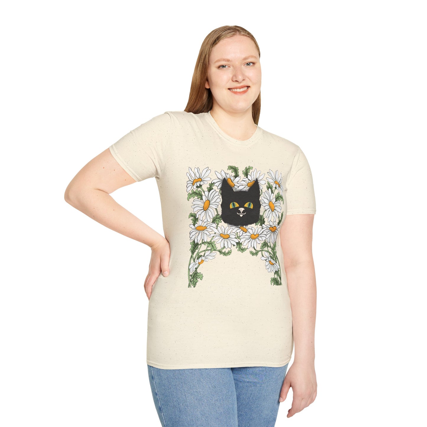 Black Cat & Daisies T‑Shirt — Cute Floral Cat Tee for Cat Lovers