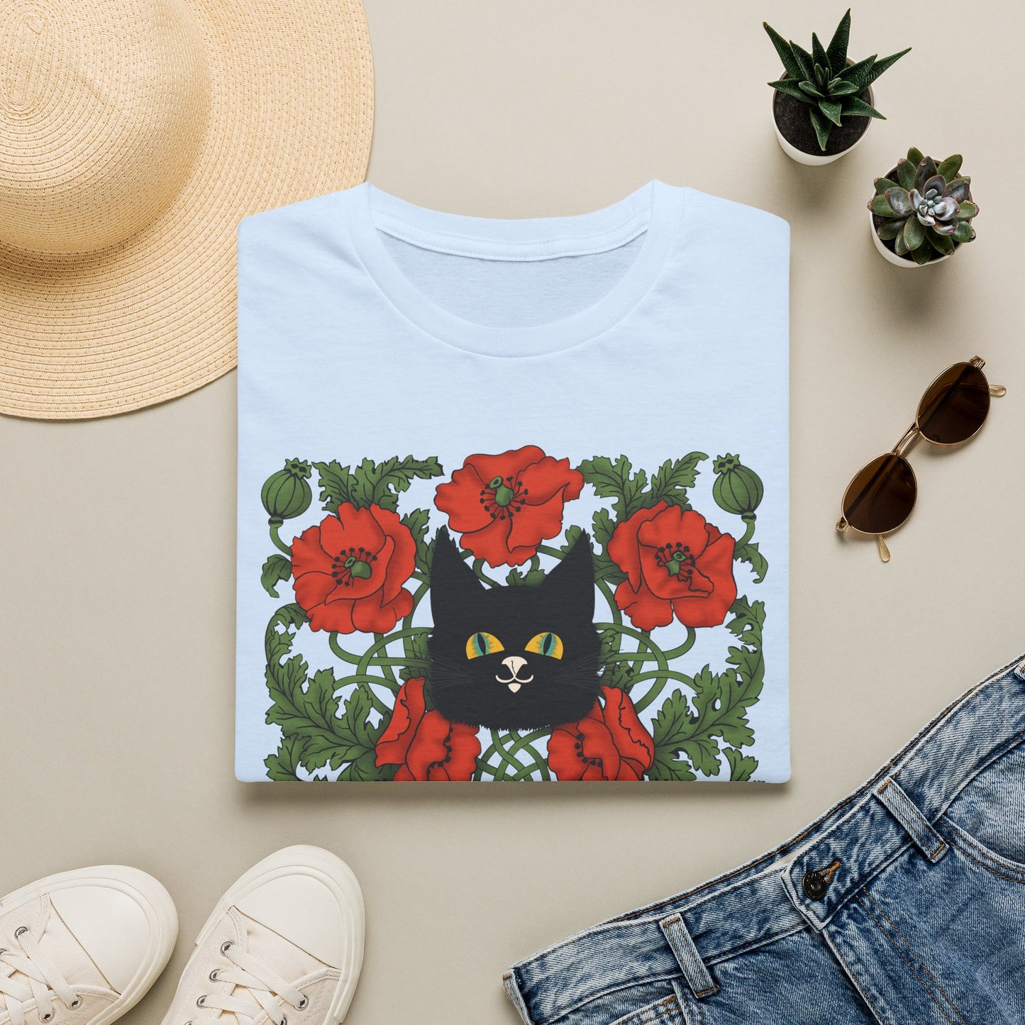 Black Cat & Red Poppies T-Shirt