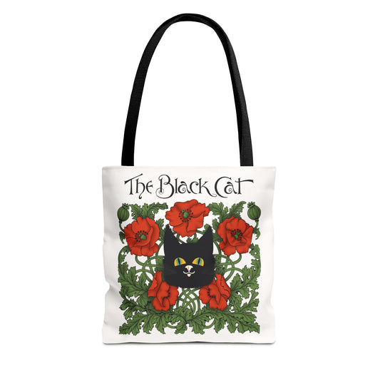 The Black Cat Poppies Tote Bag — Vintage Floral Cat Art Tote