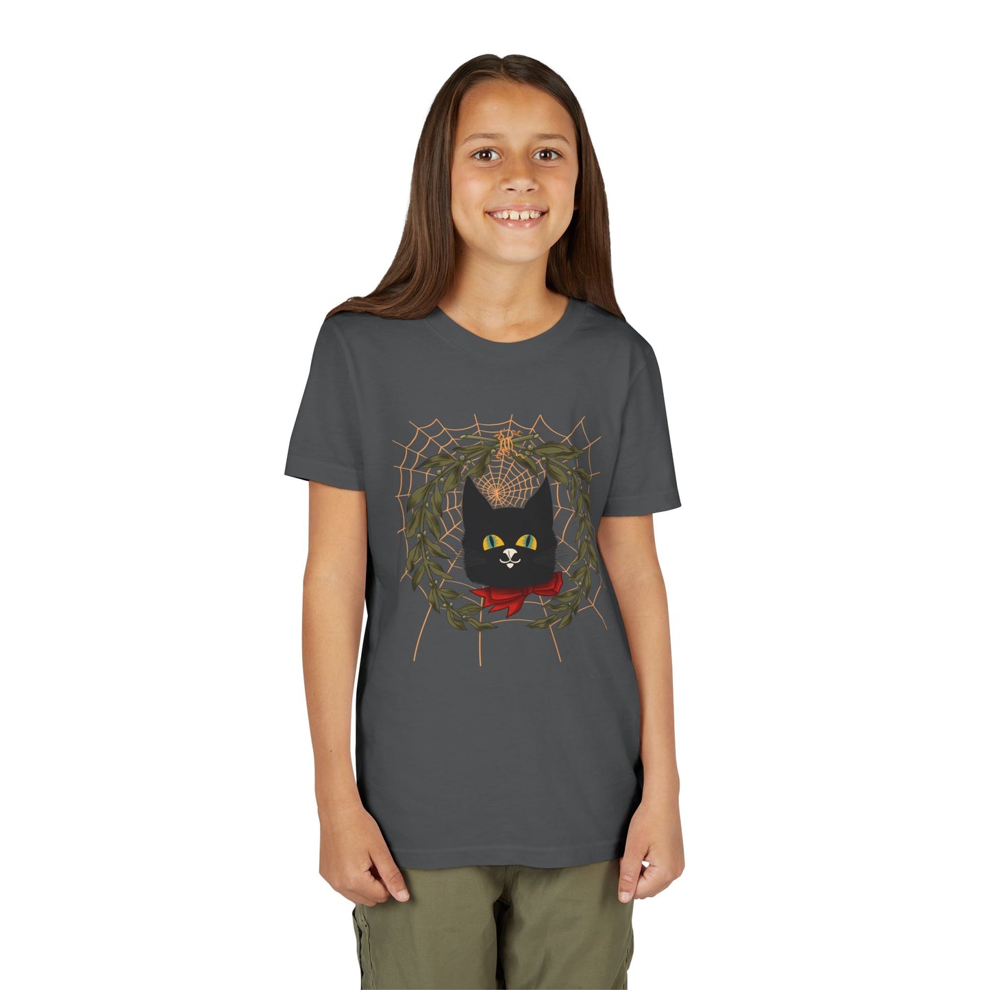 Youth Tee — Black Cat Wreath Holiday Shirt