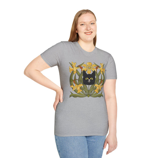 Daffodil Black Cat T‑Shirt — Retro Floral Cat Tee