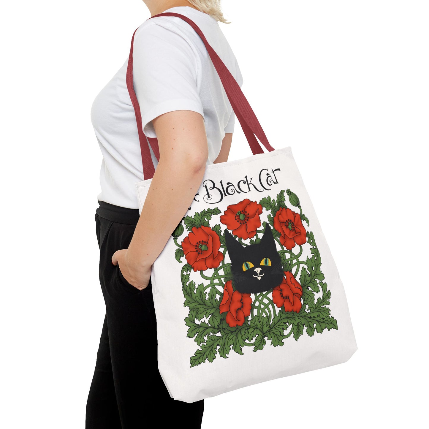 The Black Cat Poppies Tote Bag — Vintage Floral Cat Art Tote