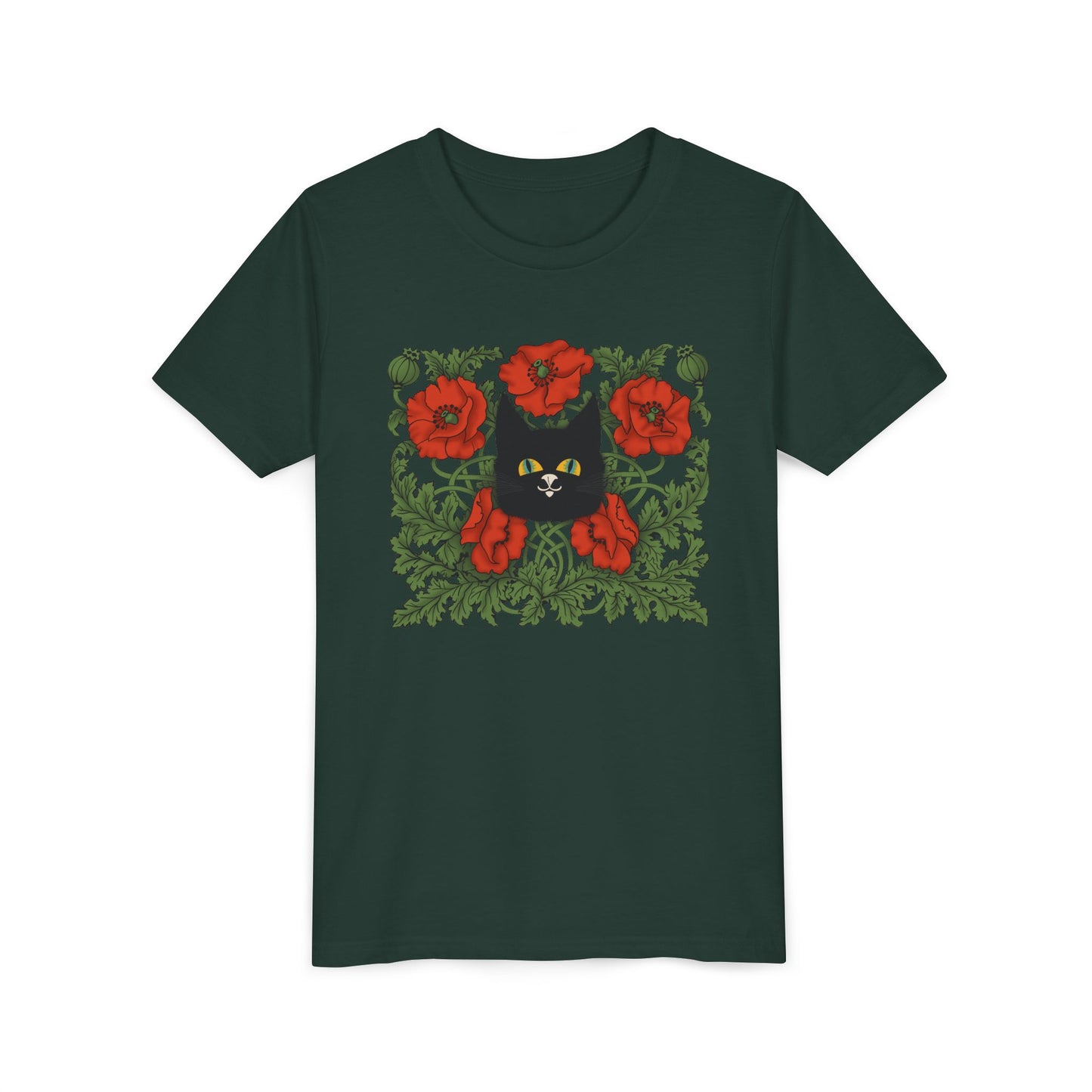 Black Cat Poppies Floral Youth Tee — Black Cat with Red Poppies Kids Shirt