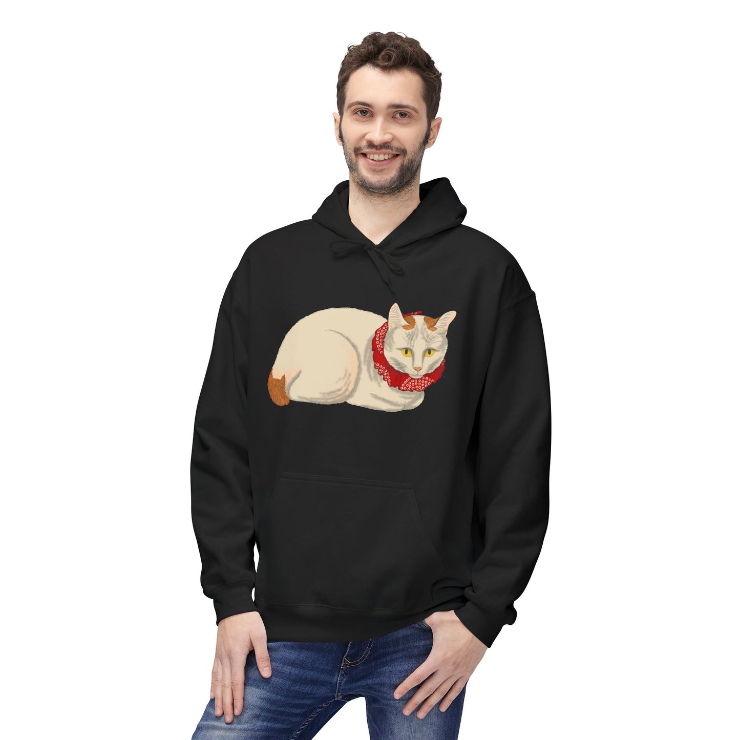 Cozy Red-Scarf Cat Hoodie — Cute Cream Cat Graphic Pullover