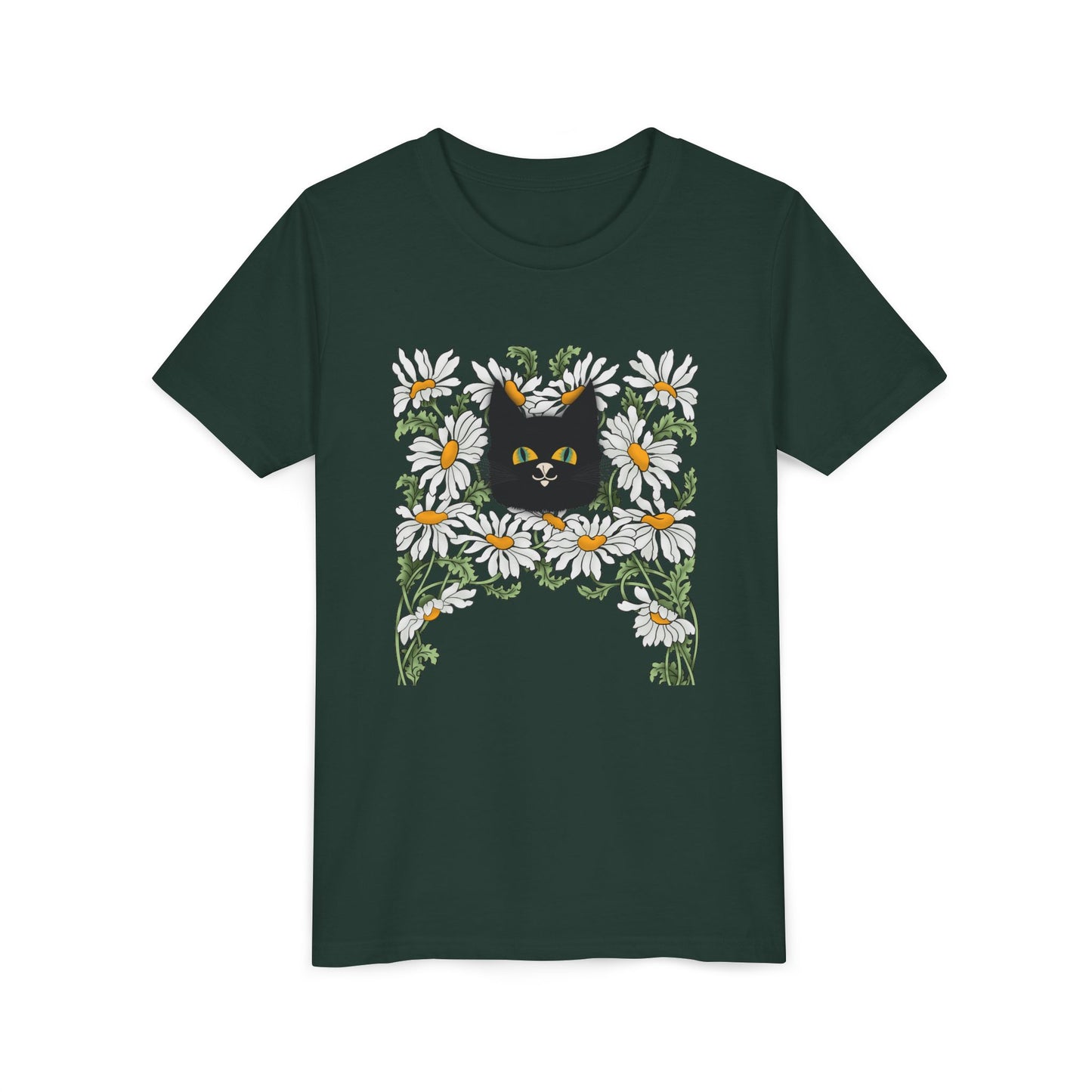 Daisies floral Youth Tee — Black Cat in Daisy Wreath Graphic