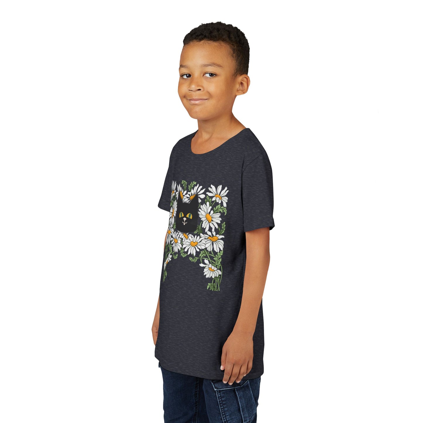 Daisies floral Youth Tee — Black Cat in Daisy Wreath Graphic