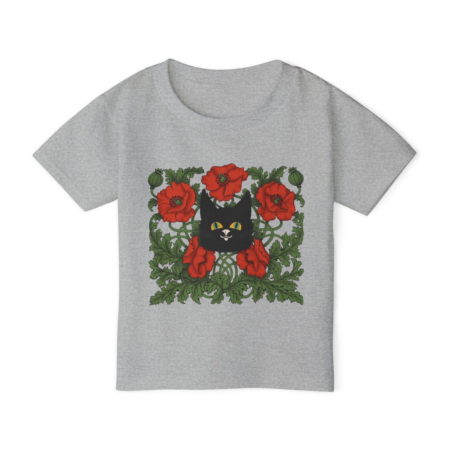 Poppies Black Cat Toddler T-Shirt — Black Cat in Poppy Garden (Cute Floral Kids Tee)