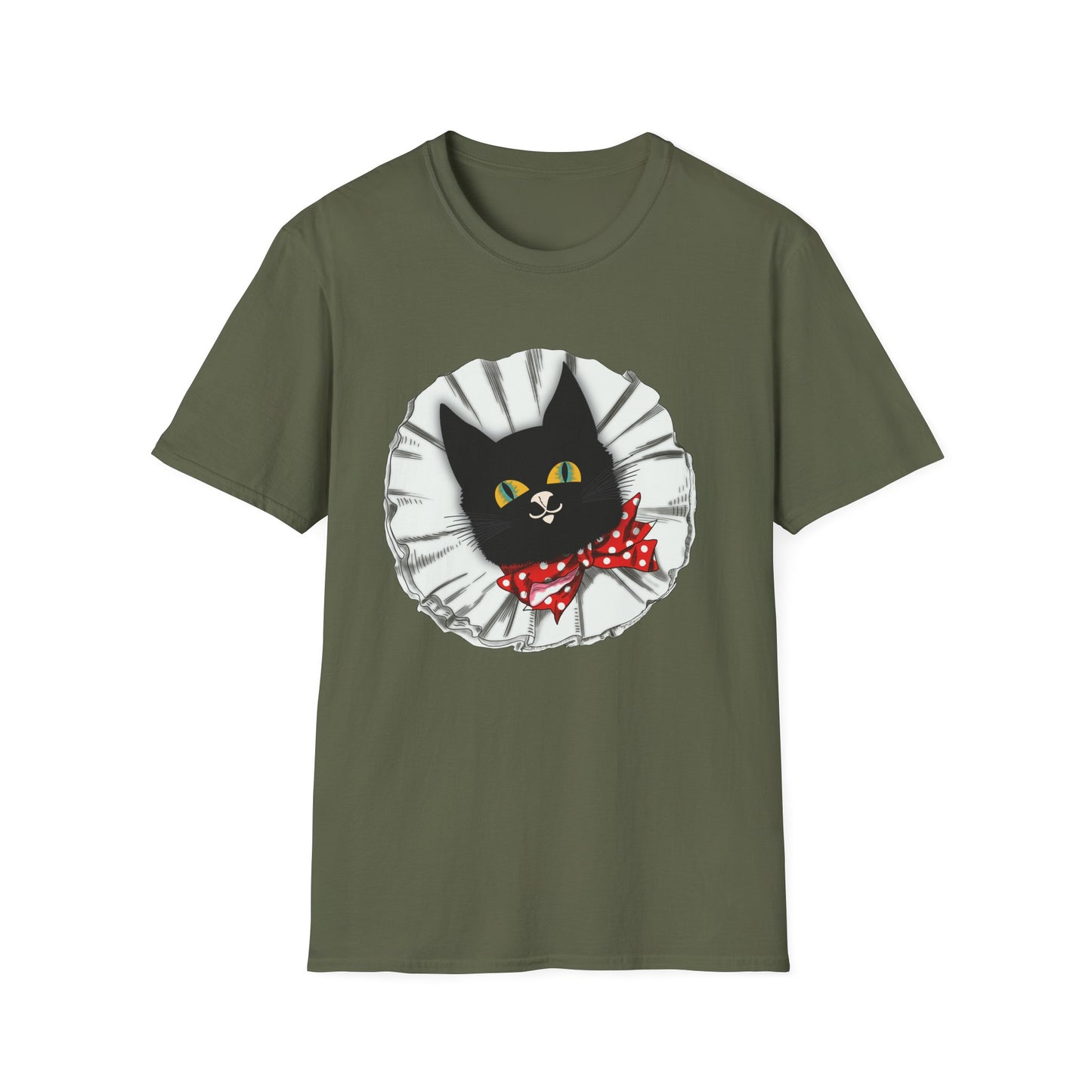 Black Cat Clown Portrait T‑Shirt — Cute Cat Face with Red Bow Graphic Tee