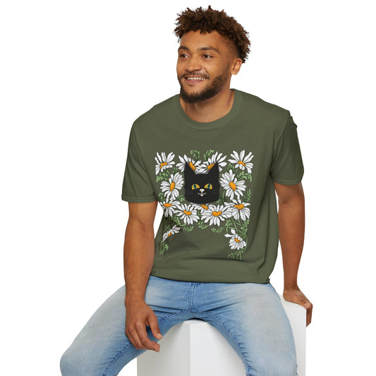 Black Cat & Daisies T‑Shirt — Cute Floral Cat Tee for Cat Lovers