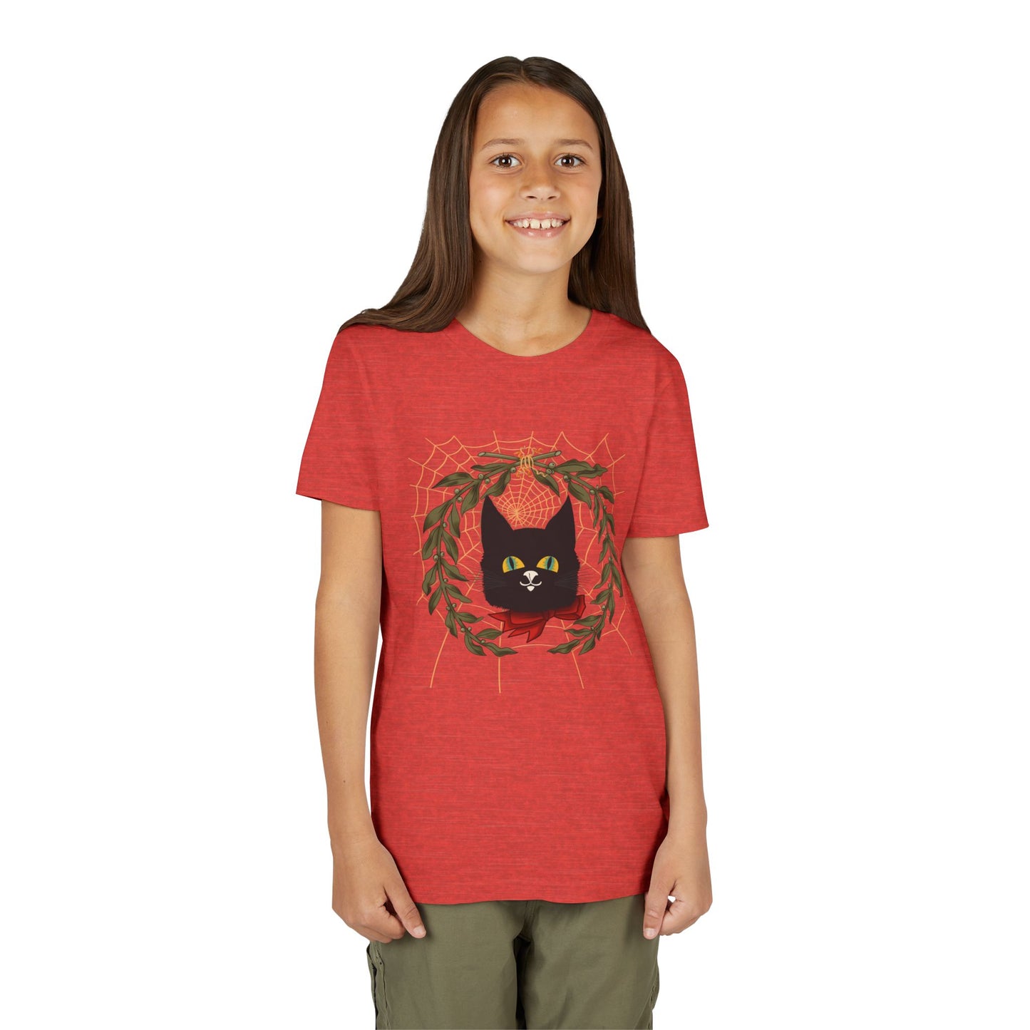 Youth Tee — Black Cat Wreath Holiday Shirt