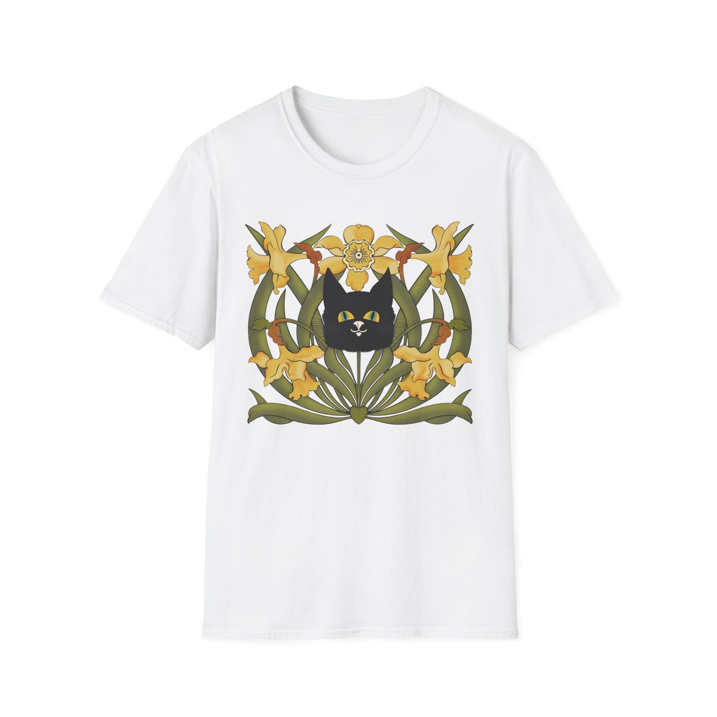 Daffodil Black Cat T‑Shirt — Retro Floral Cat Tee