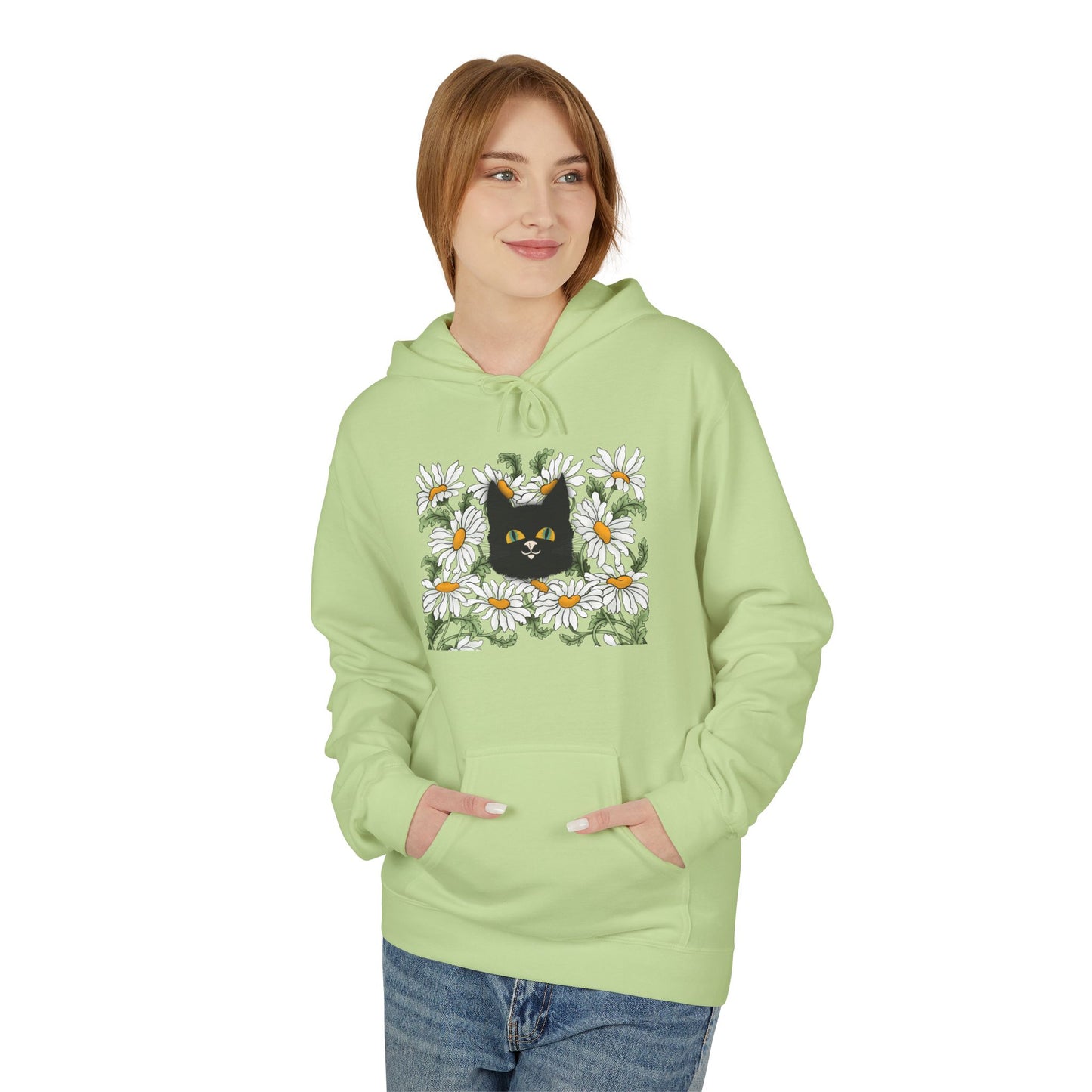 Black Cat in Daisies Hoodie – Floral Cat Graphic Pullover