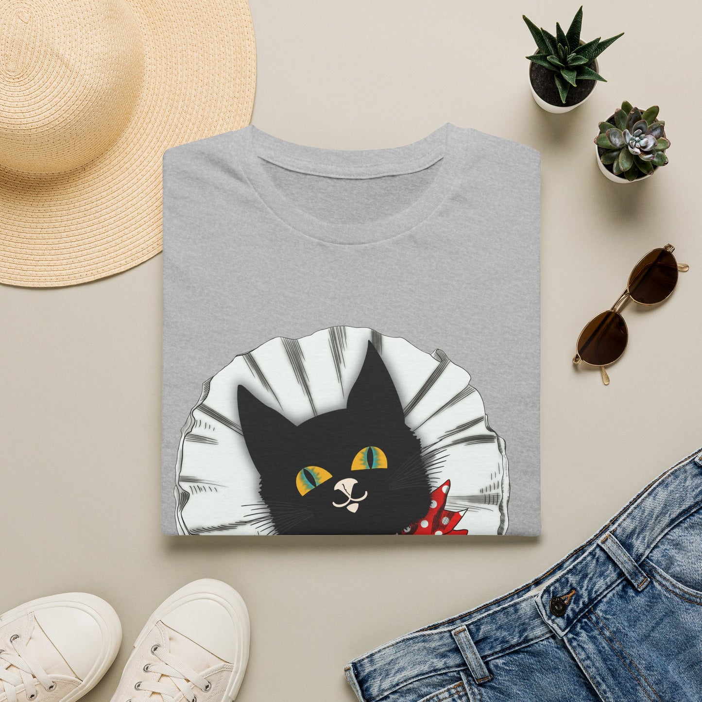 Black Cat Clown Portrait T‑Shirt — Cute Cat Face with Red Bow Graphic Tee