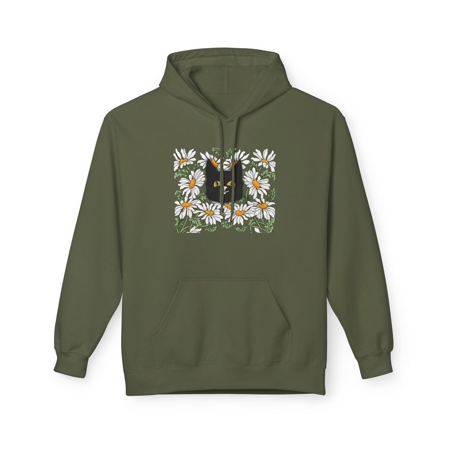 Black Cat in Daisies Hoodie – Floral Cat Graphic Pullover