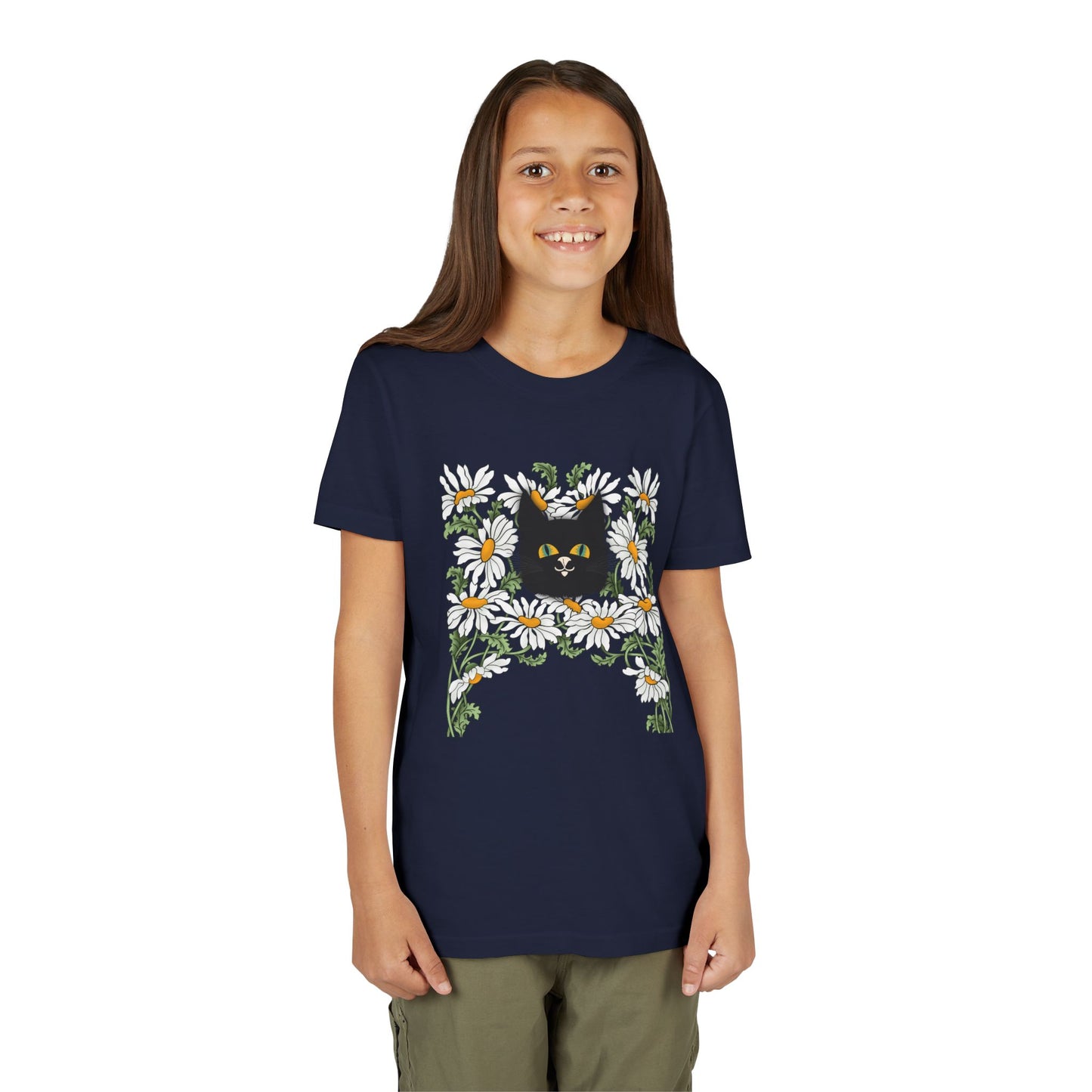 Daisies floral Youth Tee — Black Cat in Daisy Wreath Graphic