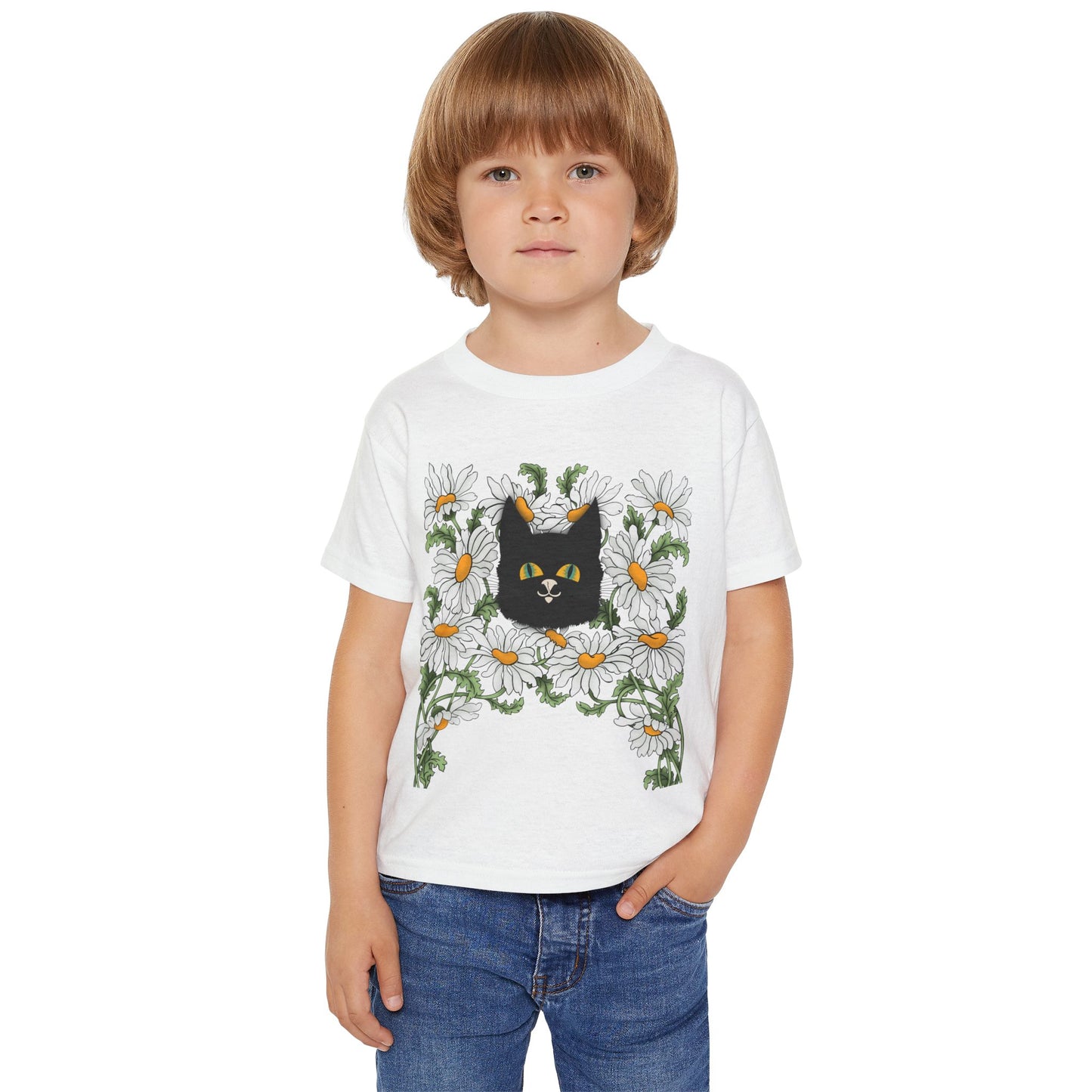 Toddler T-Shirt — Black Cat in Daisies | Cute Floral Kitty Tee for Kids
