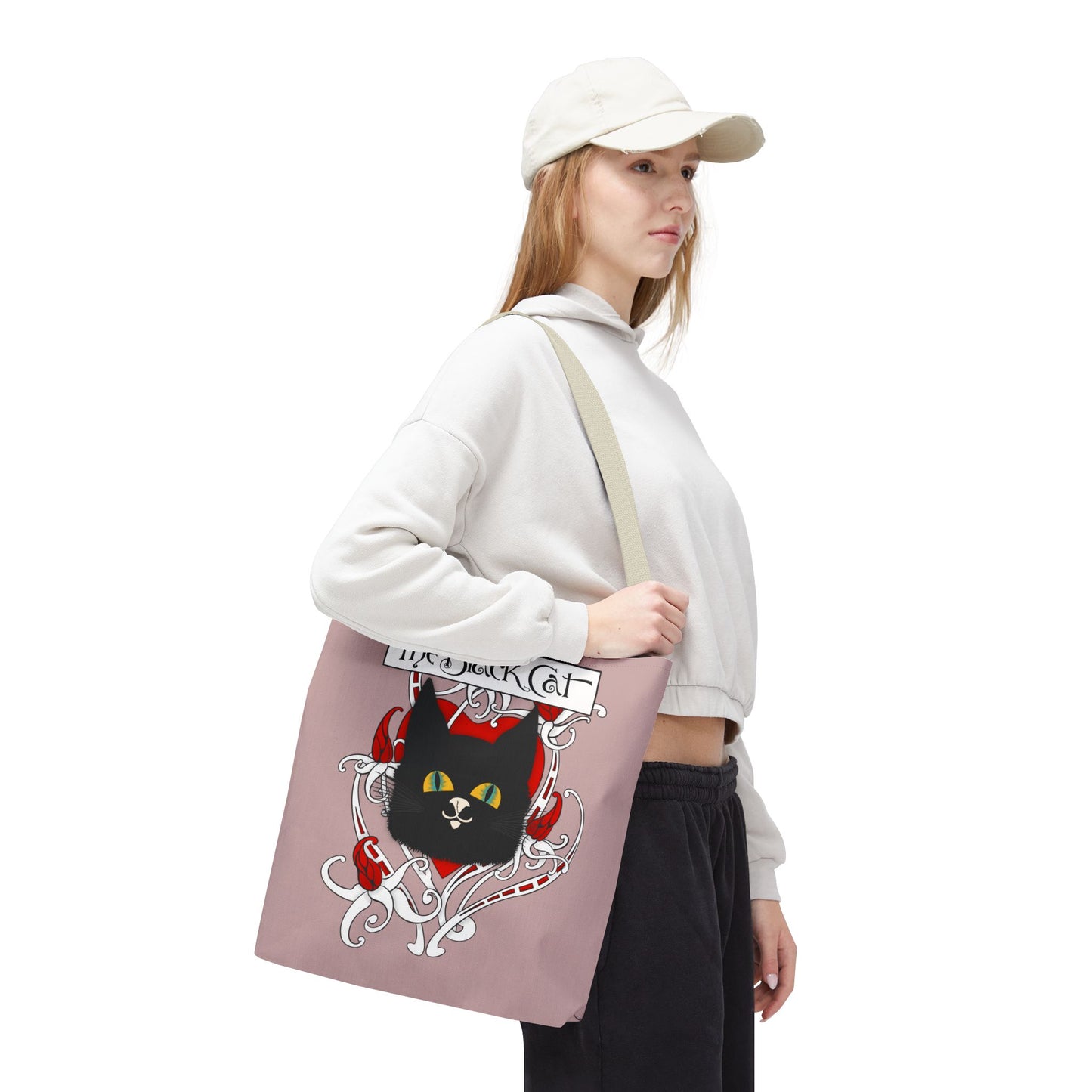 Black Cat Heart Tote Bag — 'The Black Cat' Gothic Vintage Cat Illustration Beach & Market Bag