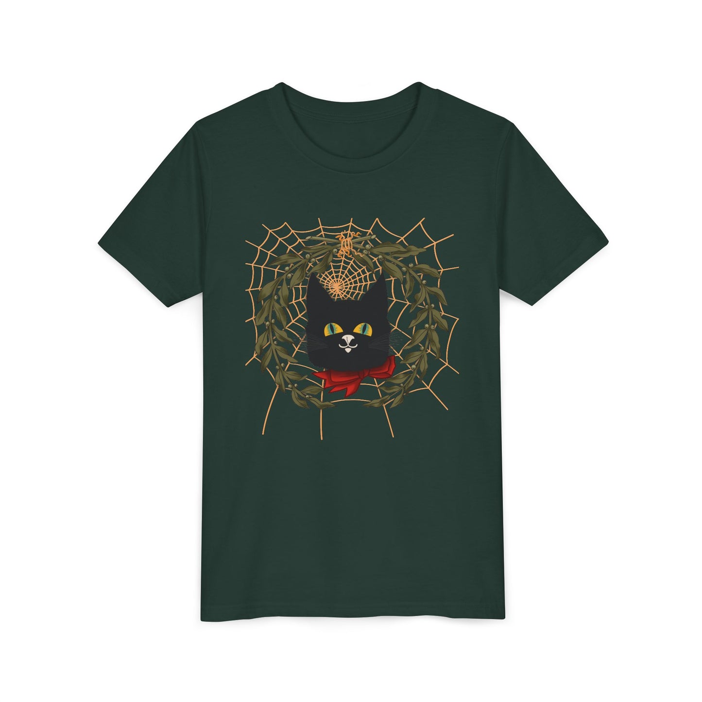 Youth Tee — Black Cat Wreath Holiday Shirt