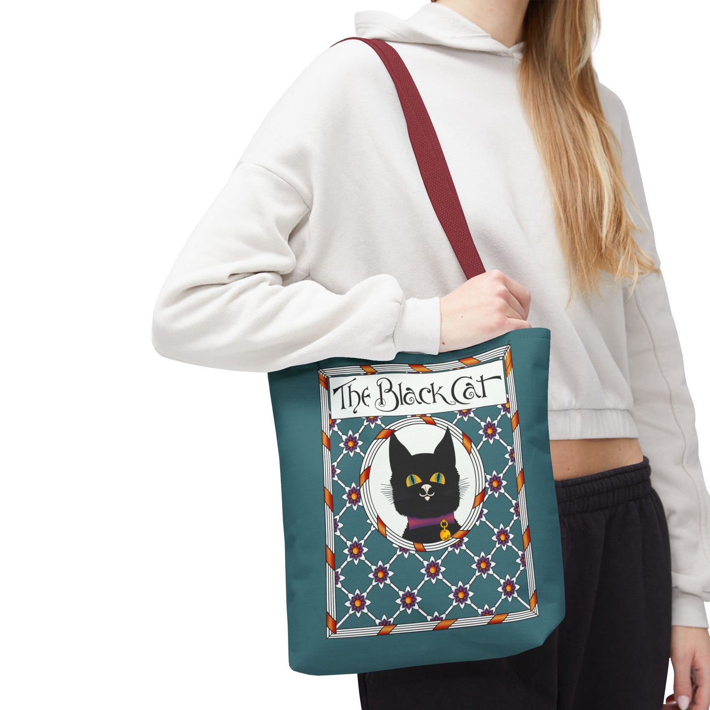 The Black Cat Teal Tote Bag — Vintage Art Nouveau Cat Shopper