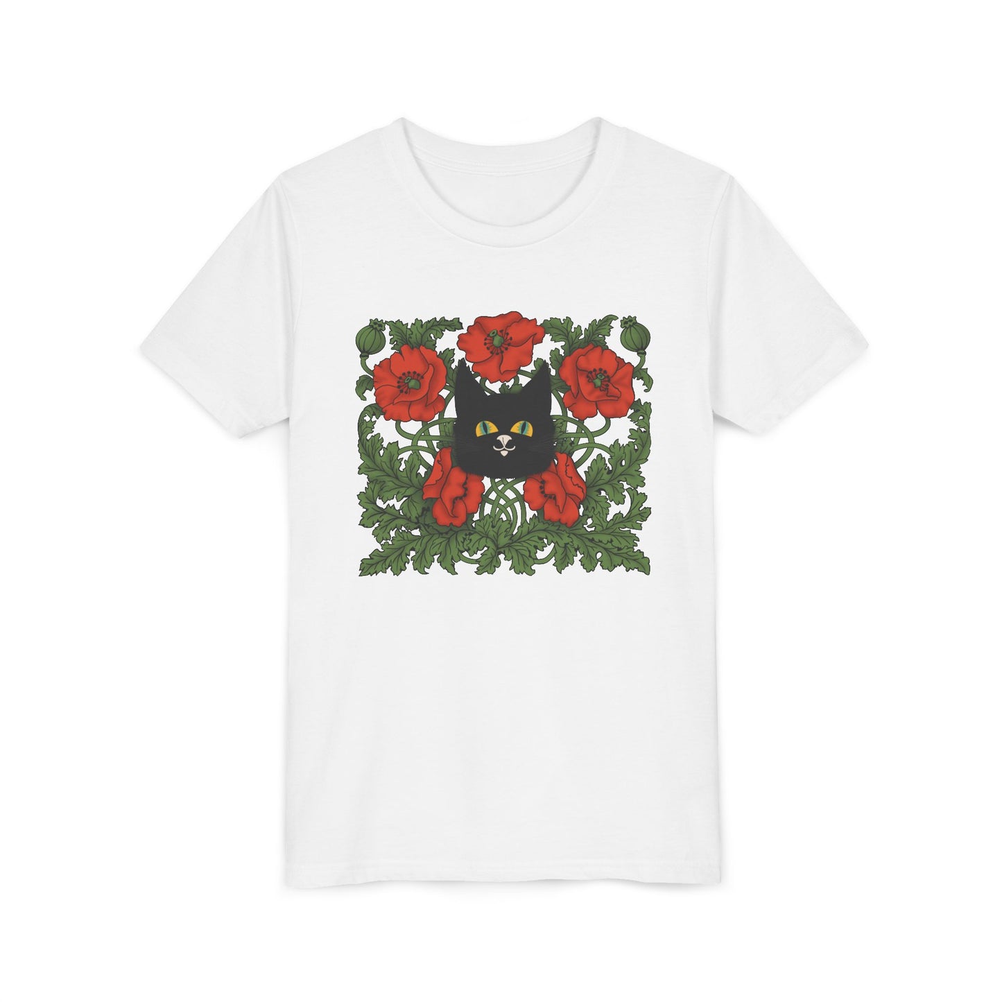 Black Cat Poppies Floral Youth Tee — Black Cat with Red Poppies Kids Shirt