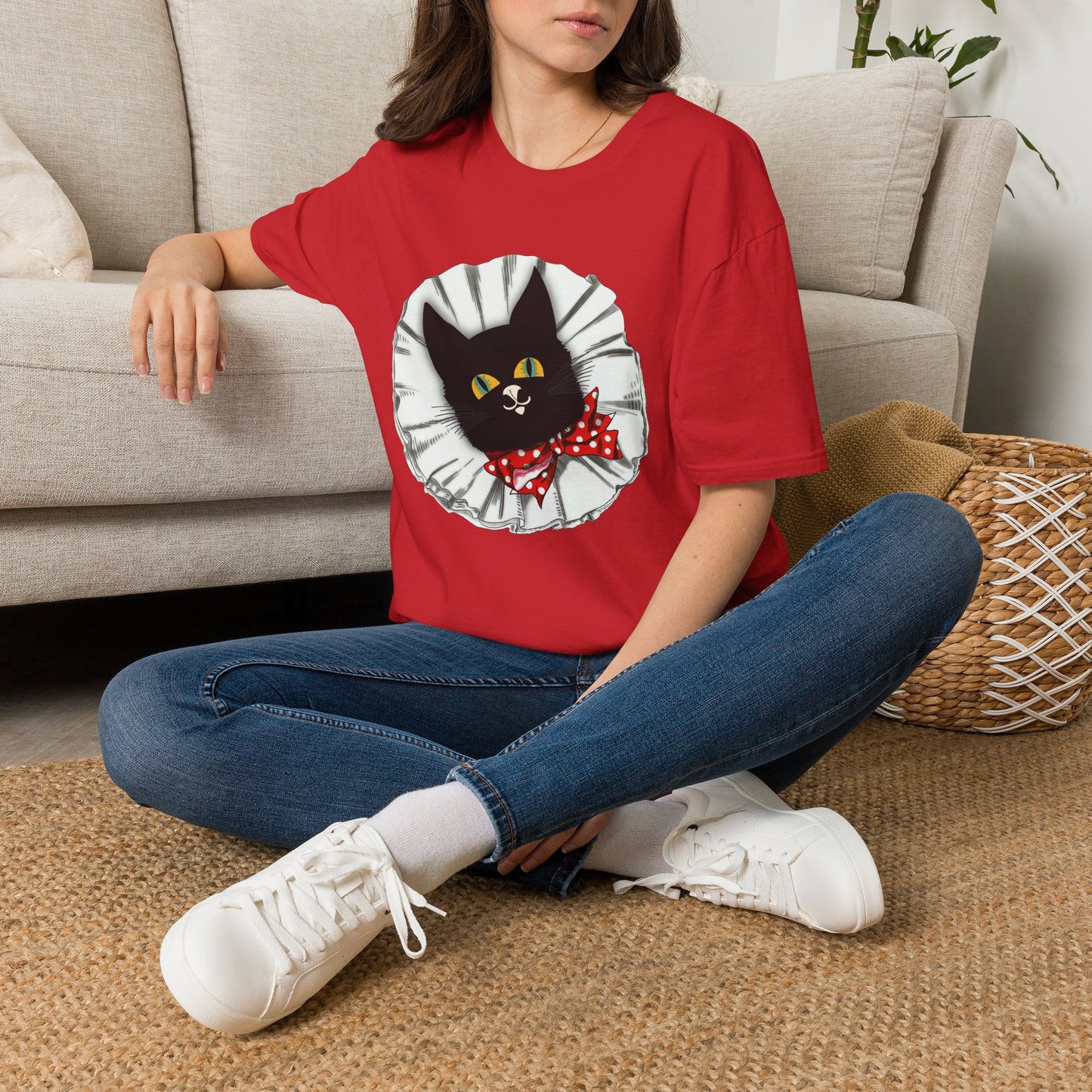 Black Cat Clown Portrait T‑Shirt — Cute Cat Face with Red Bow Graphic Tee