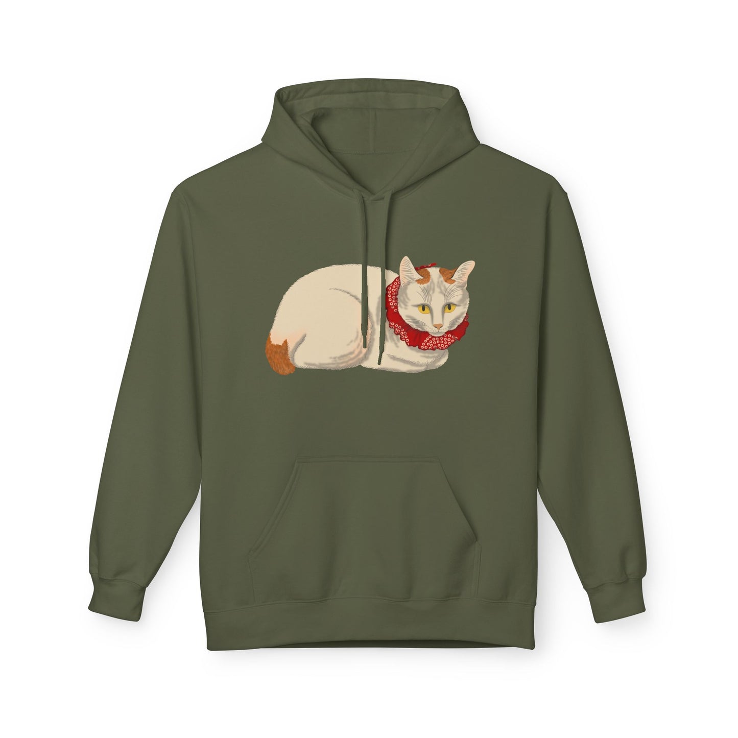 Cozy Red-Scarf Cat Hoodie — Cute Cream Cat Graphic Pullover