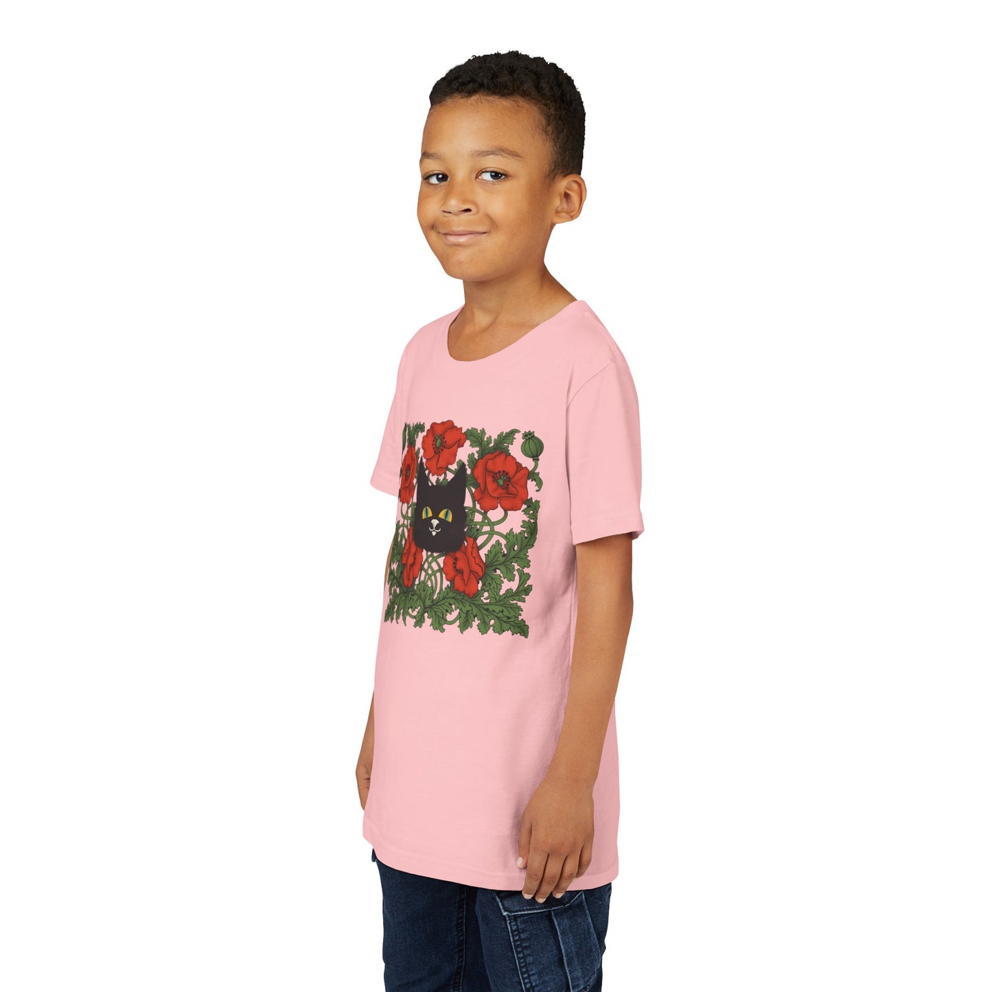 Black Cat Poppies Floral Youth Tee — Black Cat with Red Poppies Kids Shirt