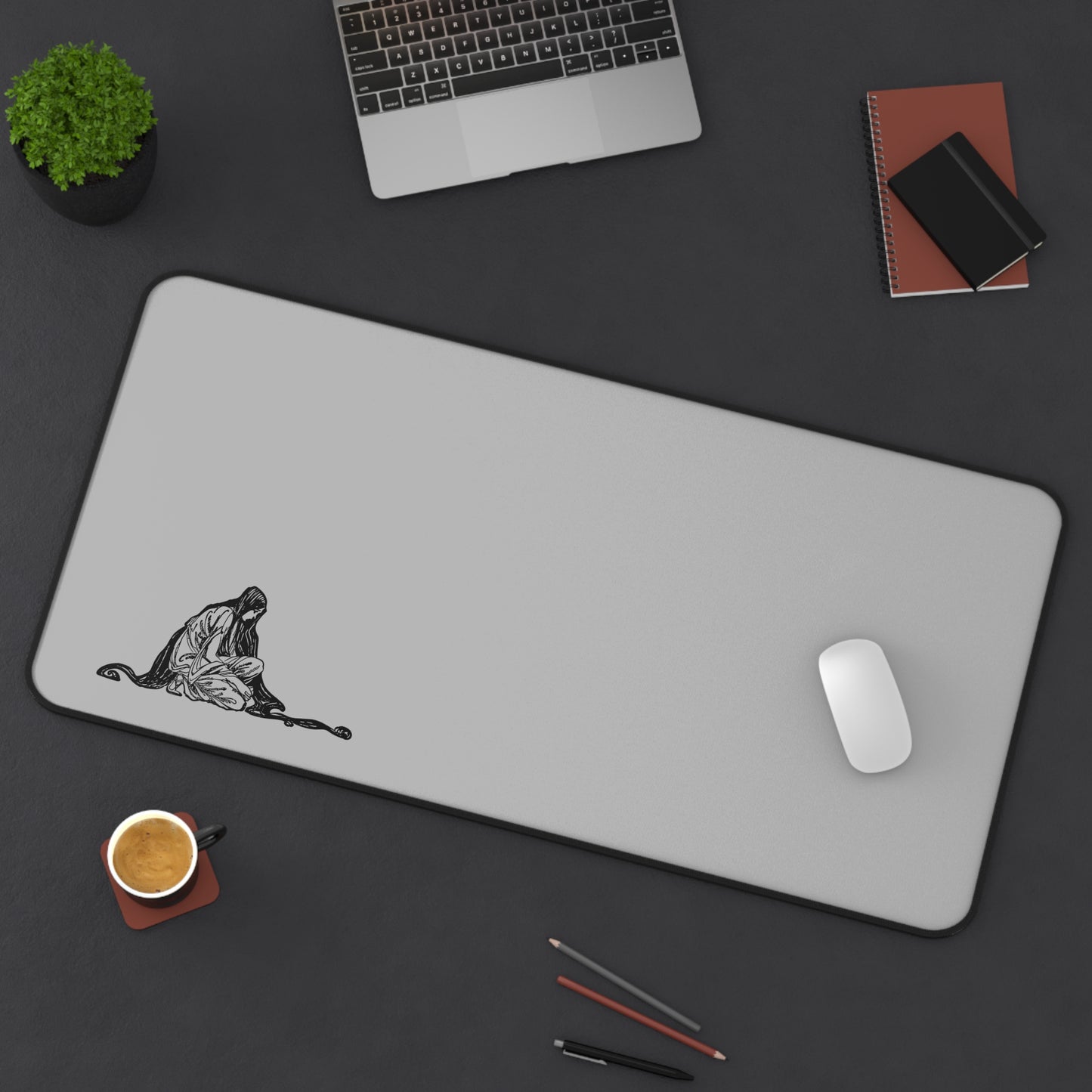 Elegant Grey Desk Mat with Artistic Illustration