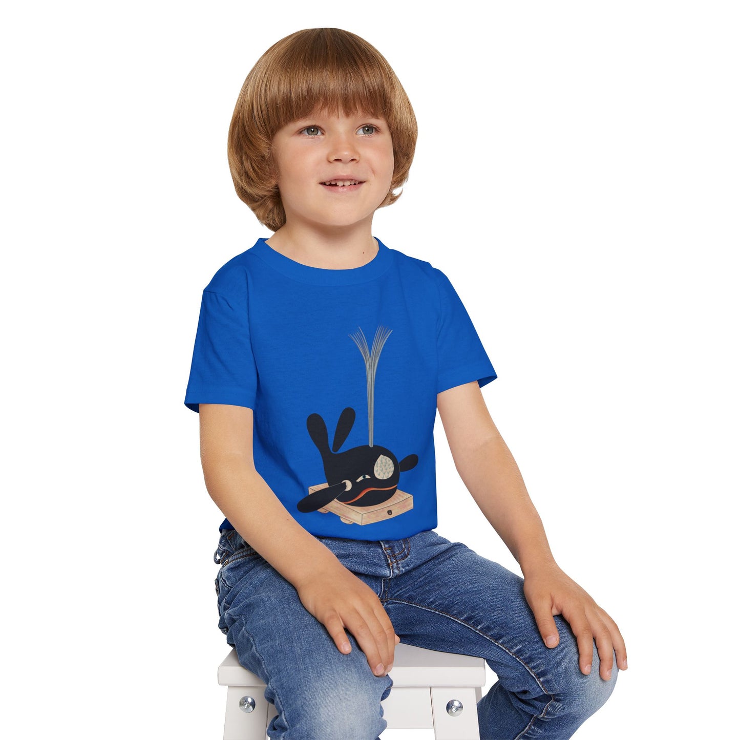 Vintage Japanese Toy Whale Kids T-Shirt — "Kujira no Shoufuki" Whale on Crate Toddler Tee
