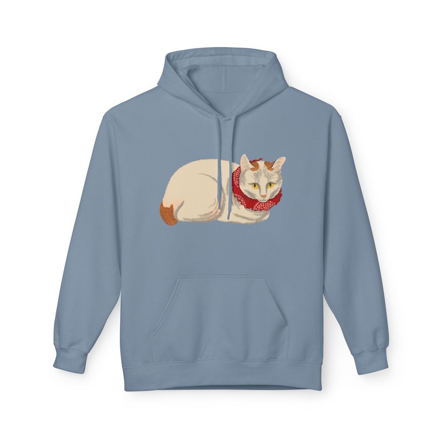 Cozy Red-Scarf Cat Hoodie — Cute Cream Cat Graphic Pullover