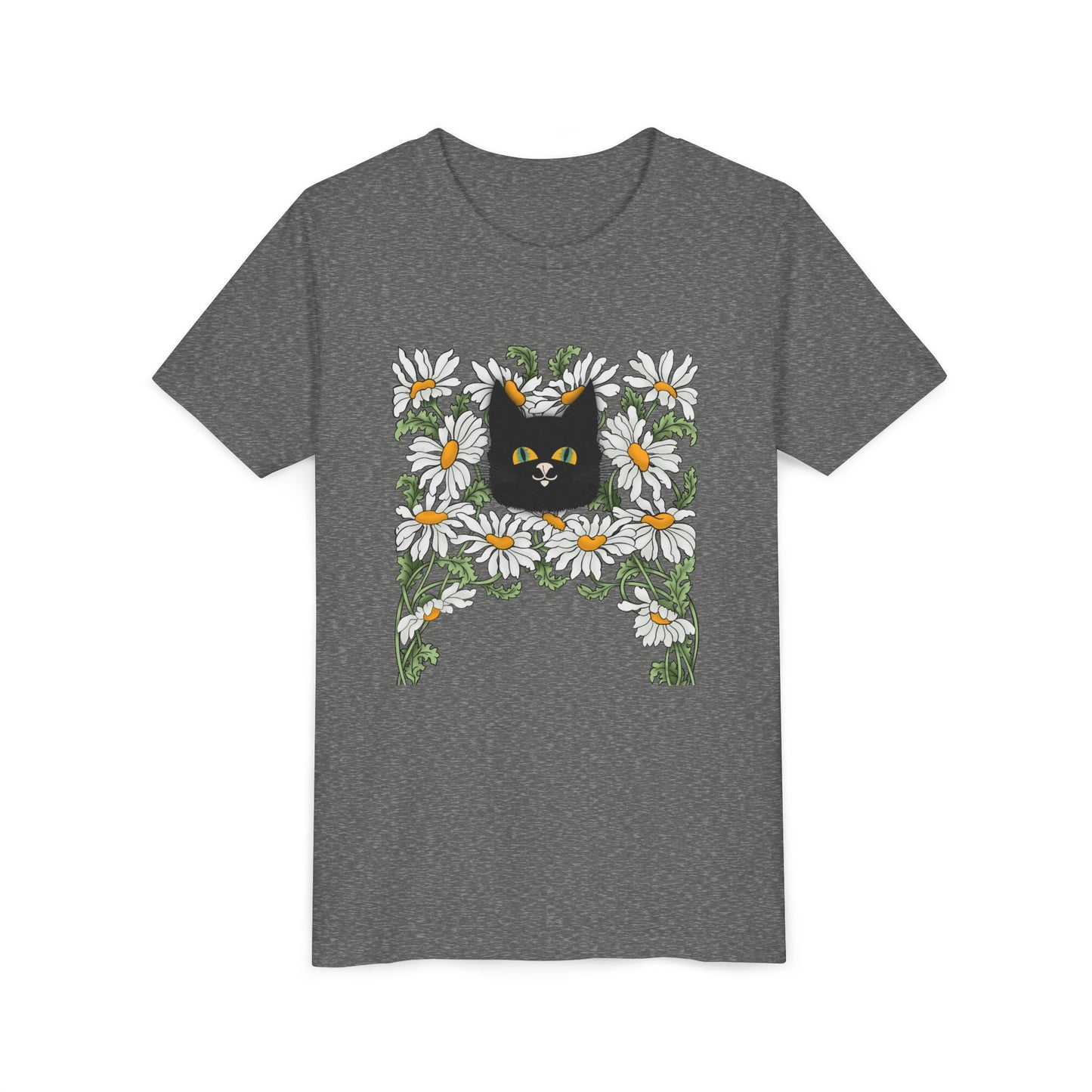 Daisies floral Youth Tee — Black Cat in Daisy Wreath Graphic