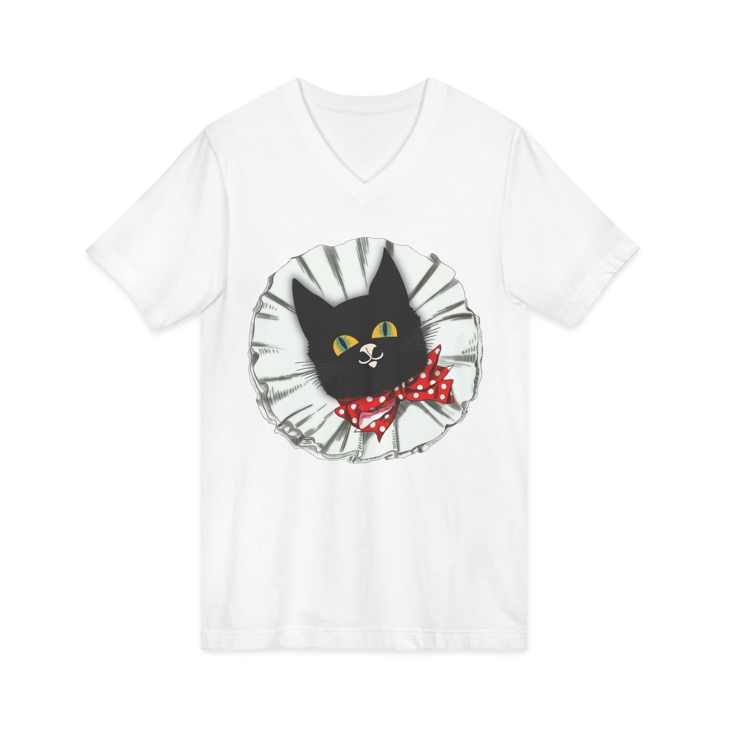 Vintage Black Cat Tee — Cute Cat Face with Red Polka Dot Bow V-Neck T-Shirt