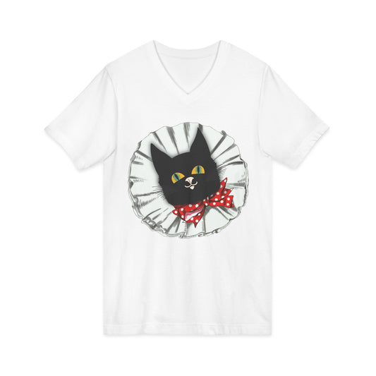 Vintage Black Cat Tee — Cute Cat Face with Red Polka Dot Bow V-Neck T-Shirt